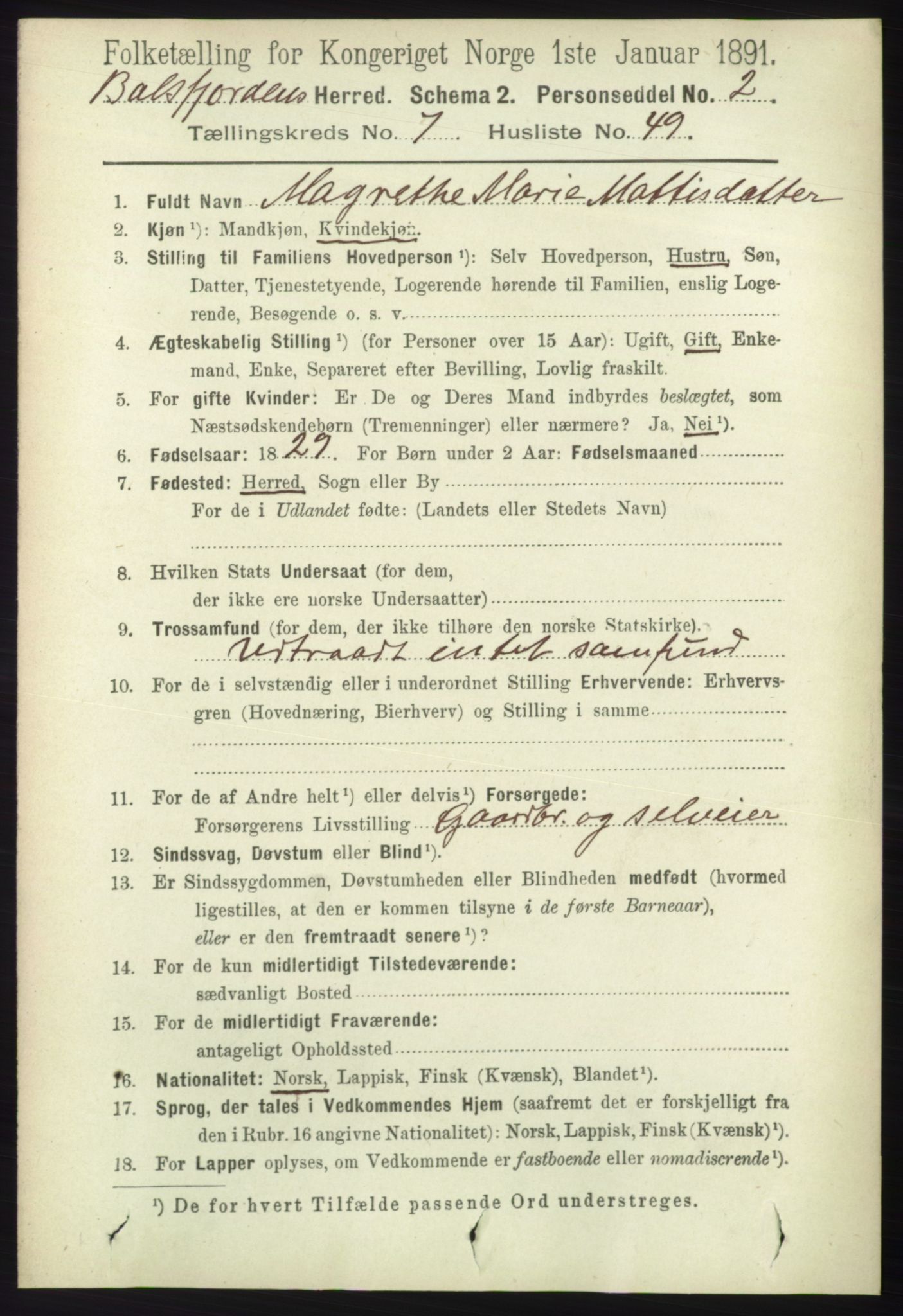 RA, 1891 census for 1933 Balsfjord, 1891, p. 2360