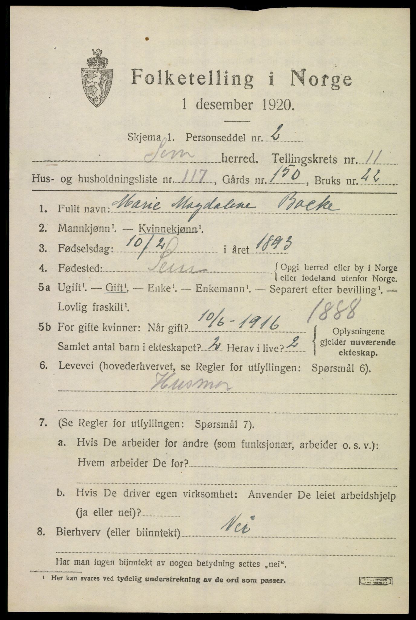 SAKO, 1920 census for Sem, 1920, p. 15905
