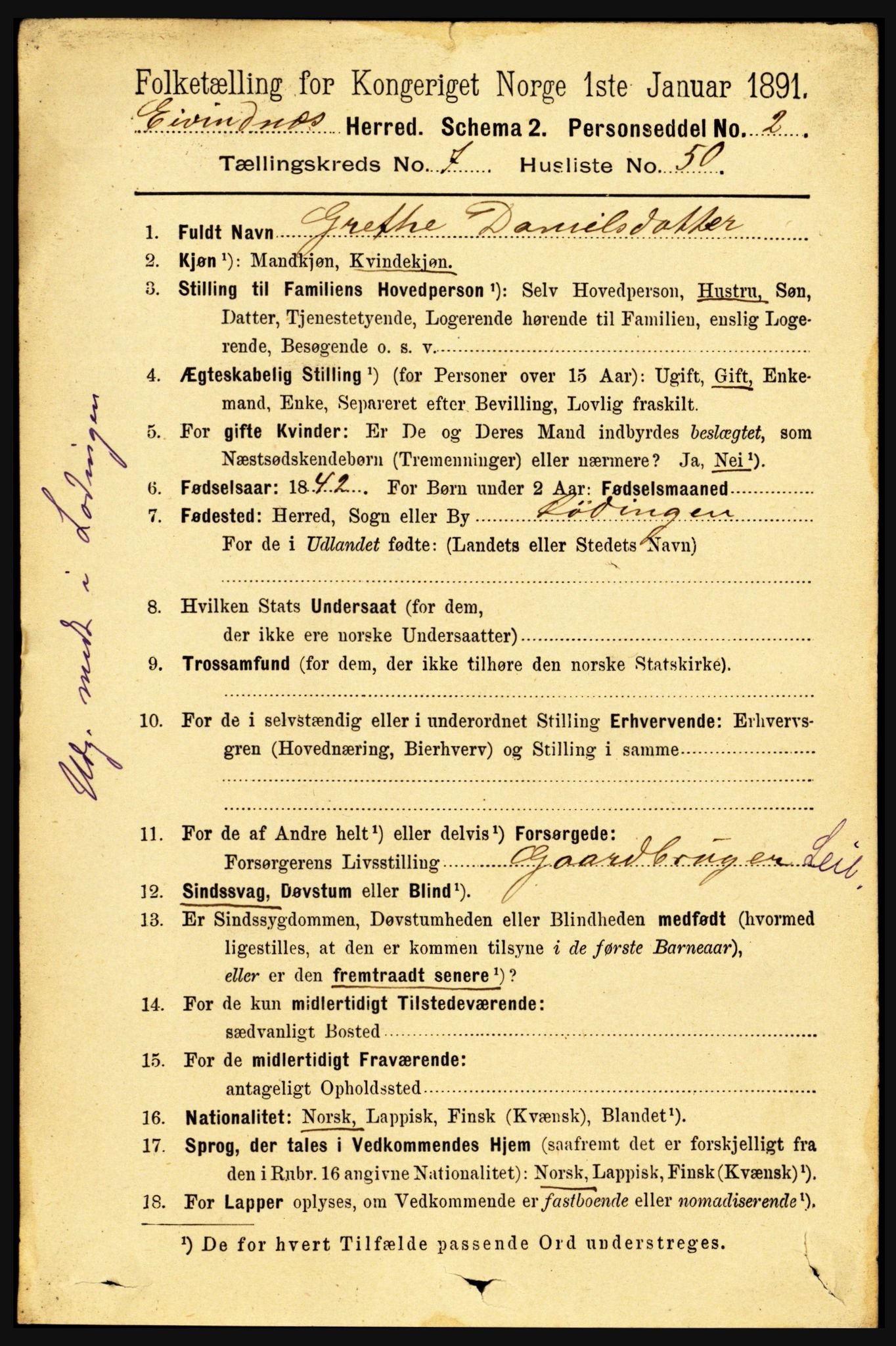 RA, 1891 census for 1853 Evenes, 1891, p. 2468