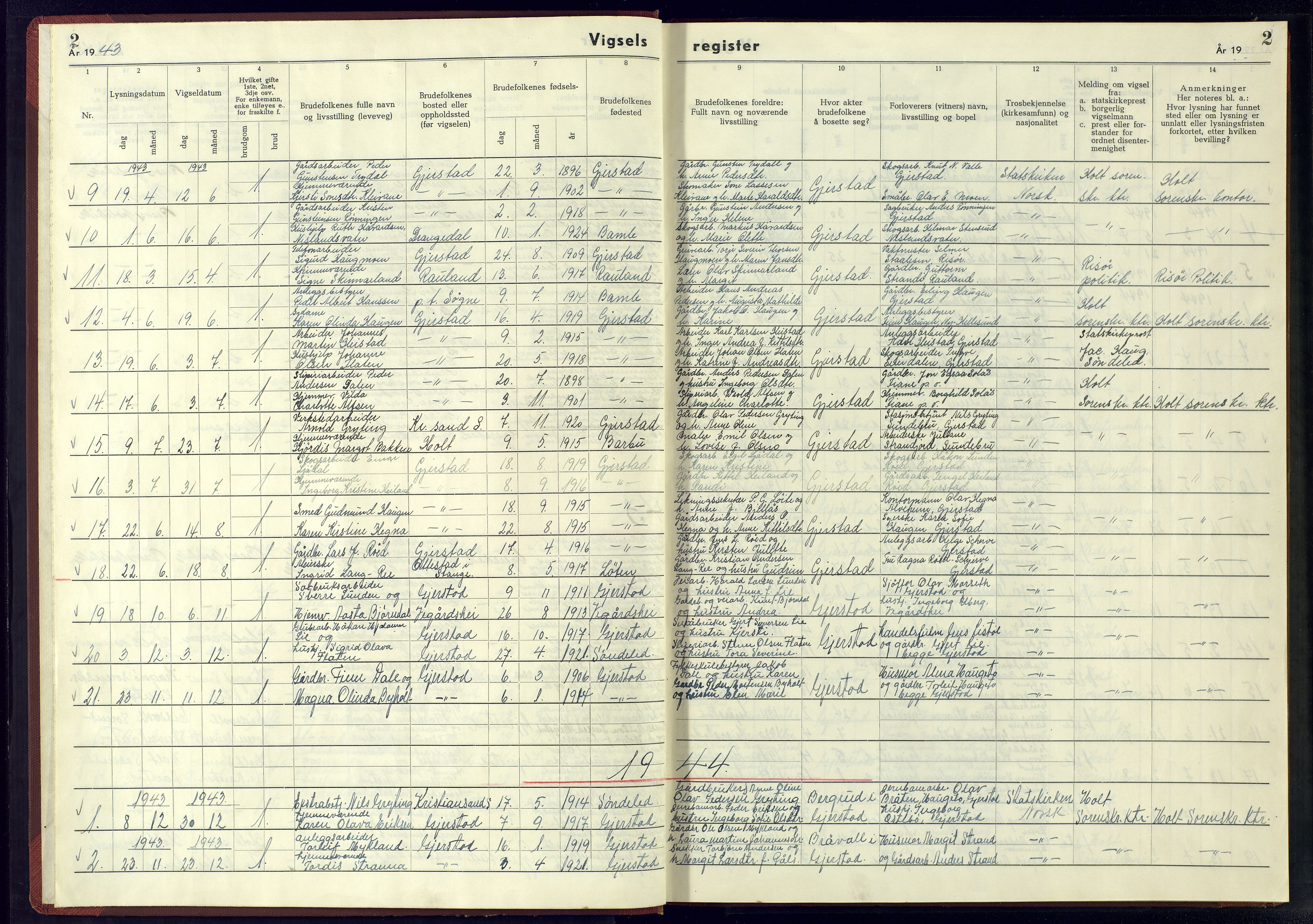 Gjerstad sokneprestkontor, AV/SAK-1111-0014/J/Je/L0003: Marriage register no. A-VI-5, 1942-1945, p. 2