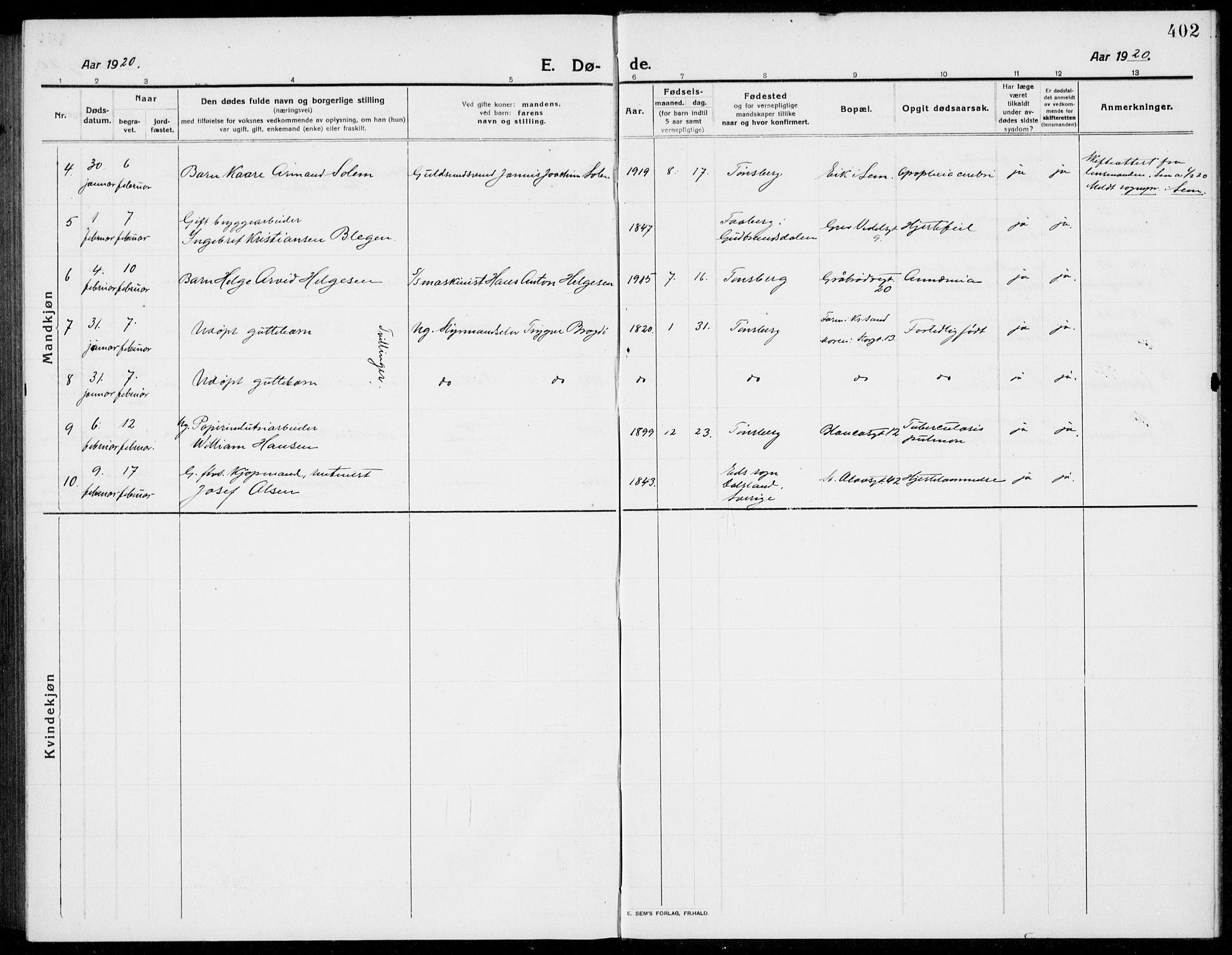 Tønsberg kirkebøker, AV/SAKO-A-330/G/Ga/L0009: Parish register (copy) no. 9, 1913-1920, p. 402