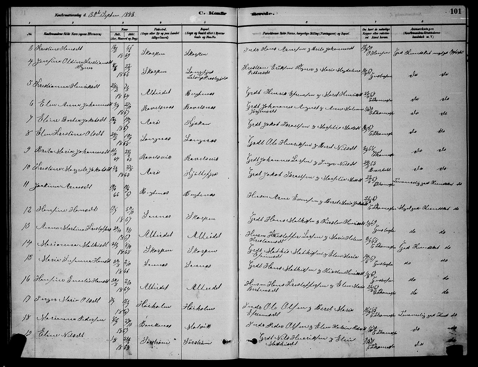 Skjervøy sokneprestkontor, AV/SATØ-S-1300/H/Ha/Hab/L0015klokker: Parish register (copy) no. 15, 1878-1890, p. 101