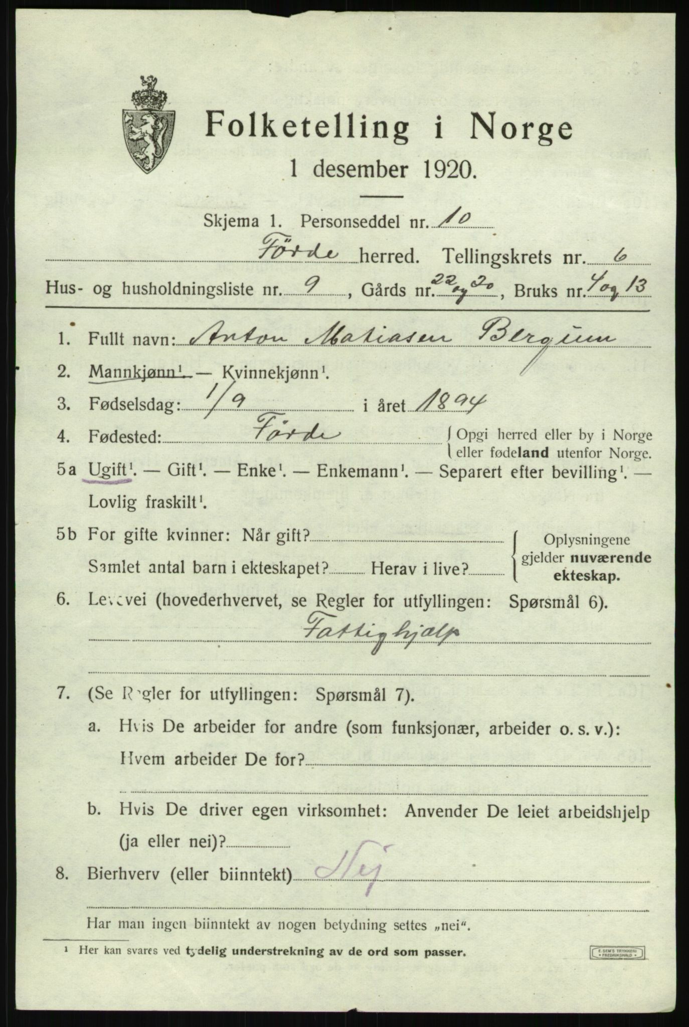 SAB, 1920 census for Førde, 1920, p. 2406