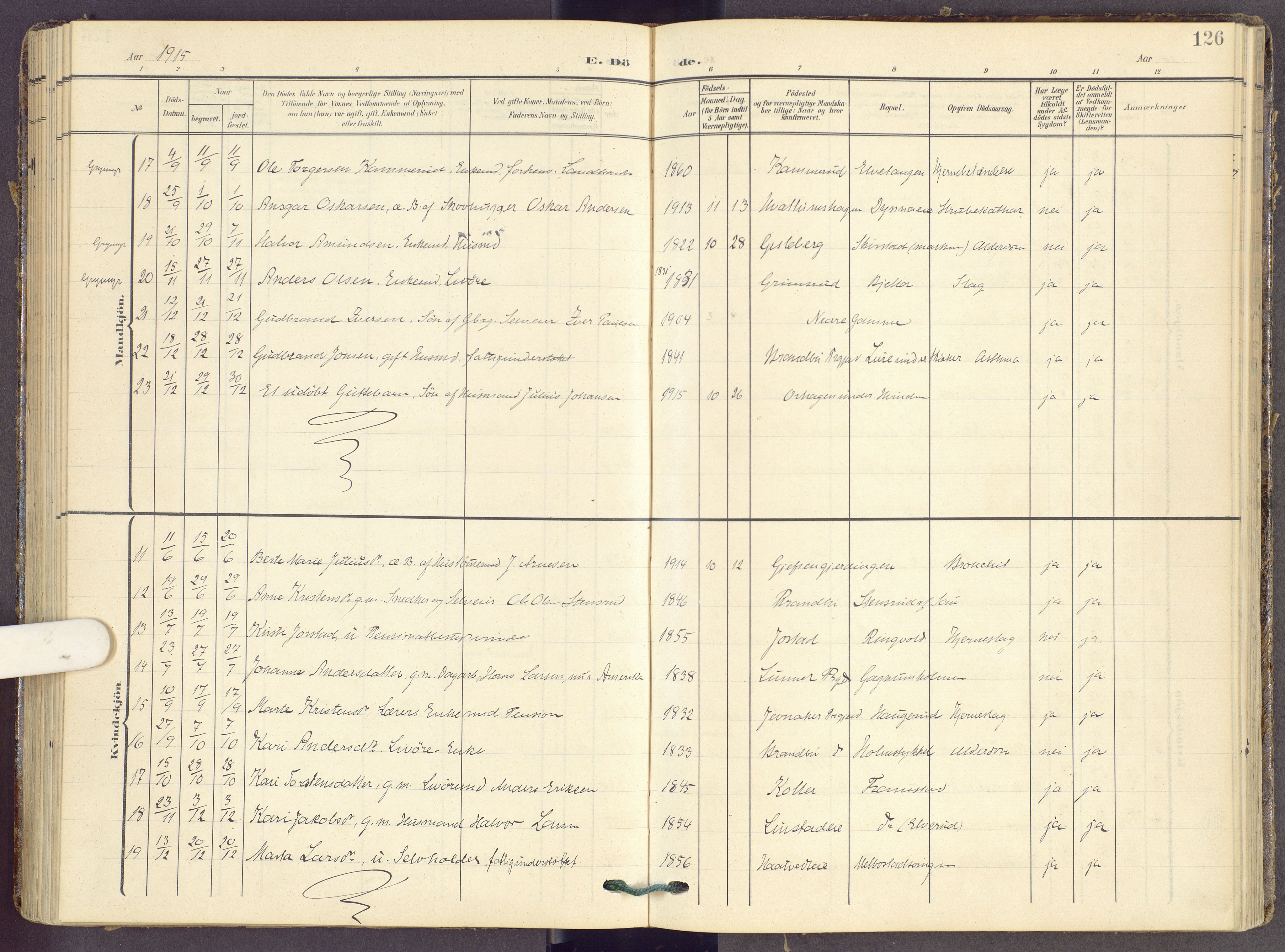 Gran prestekontor, SAH/PREST-112/H/Ha/Haa/L0022: Parish register (official) no. 22, 1908-1918, p. 126