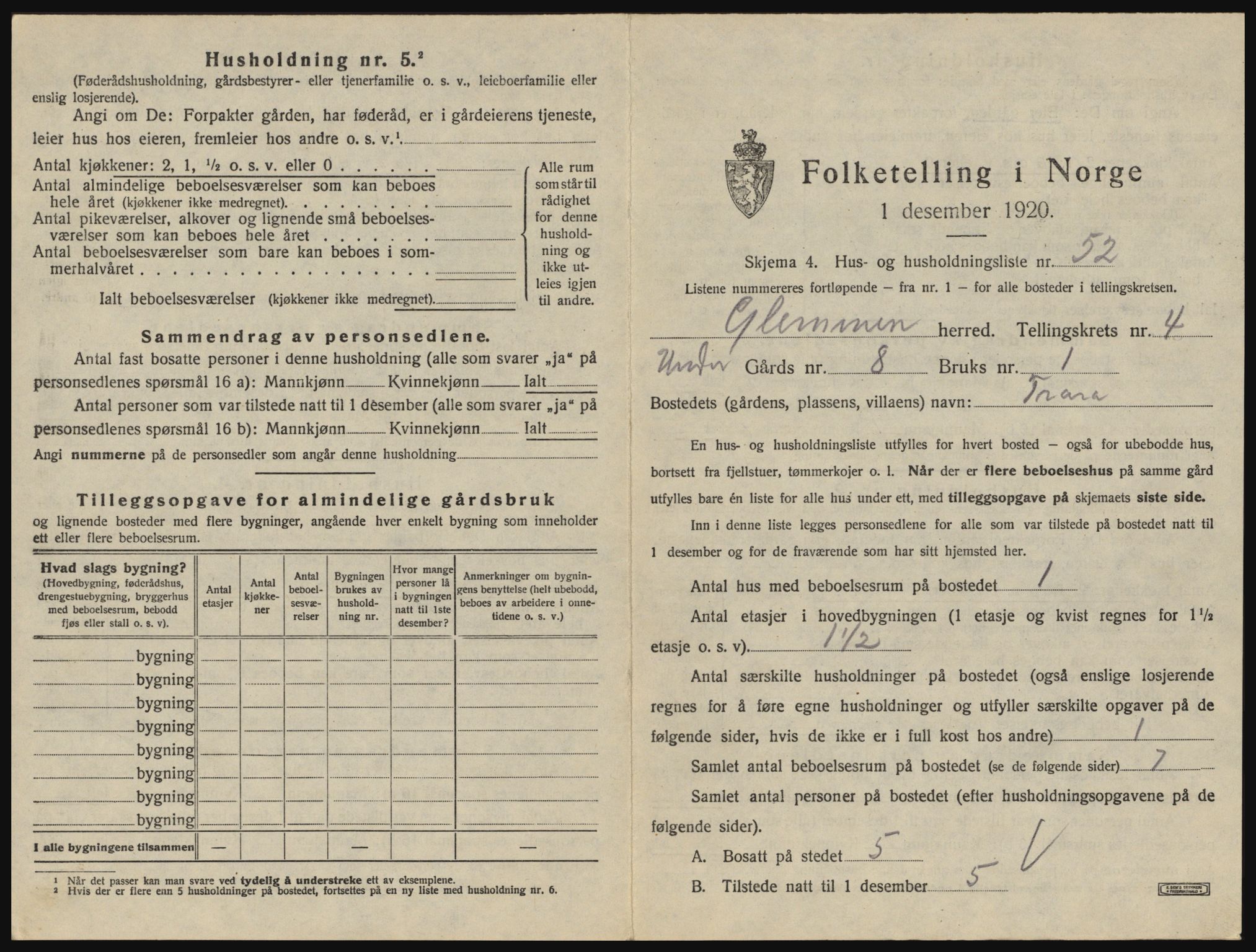 SAO, 1920 census for Glemmen, 1920, p. 1291