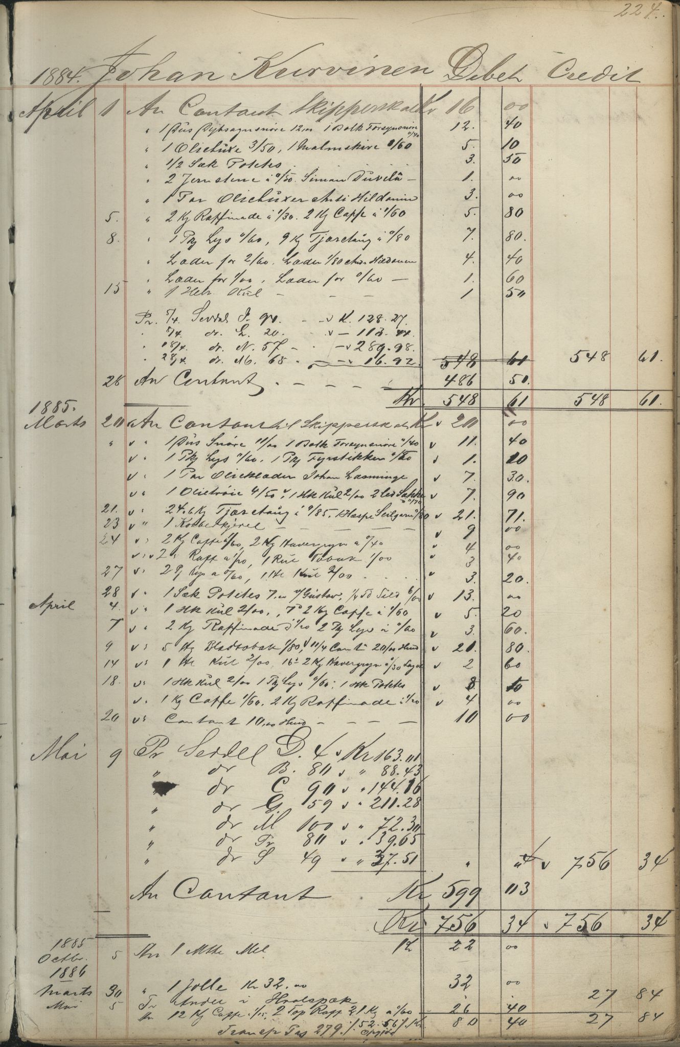 Brodtkorb handel A/S, VAMU/A-0001/F/Fc/L0001/0001: Konto for kvener og nordmenn på Kolahalvøya  / Conto for Kvæner og Nordmænd paa Russefinmarken No 1, 1868-1894, p. 224