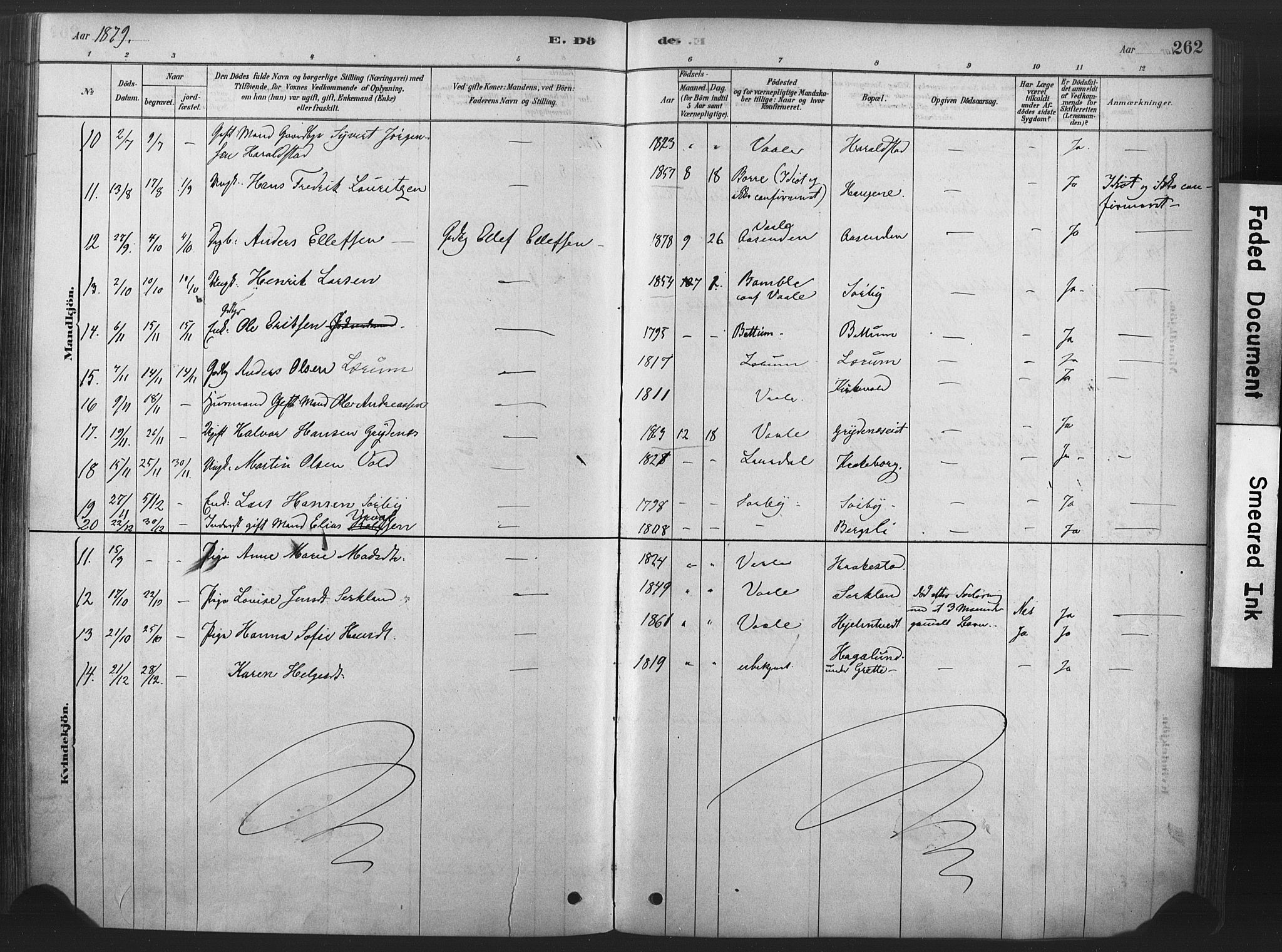 Våle kirkebøker, AV/SAKO-A-334/F/Fa/L0011: Parish register (official) no. I 11, 1878-1906, p. 262