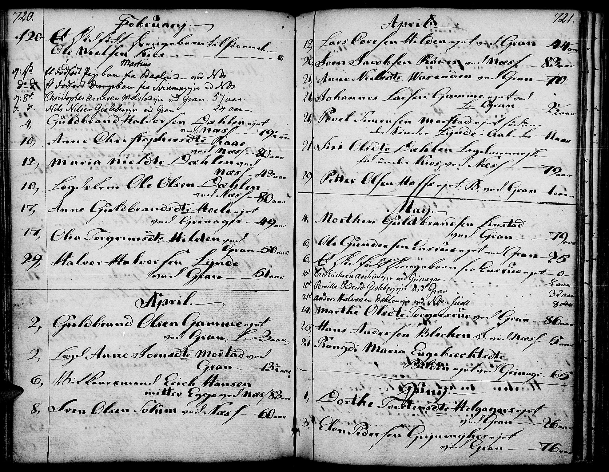 Gran prestekontor, SAH/PREST-112/H/Ha/Haa/L0006: Parish register (official) no. 6, 1787-1824, p. 720-721