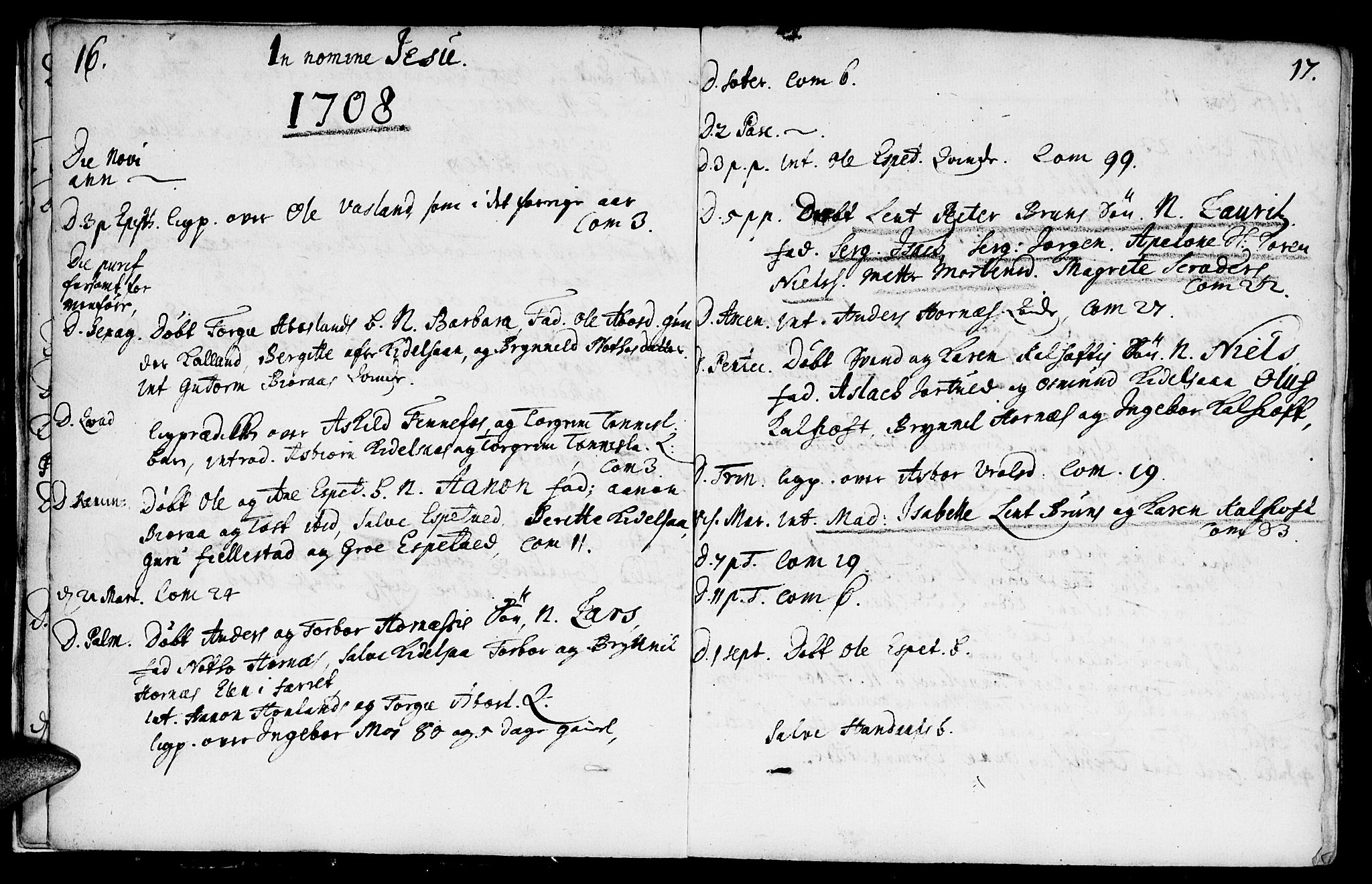 Evje sokneprestkontor, AV/SAK-1111-0008/F/Fa/Fab/L0001: Parish register (official) no. A 1, 1704-1764, p. 16-17