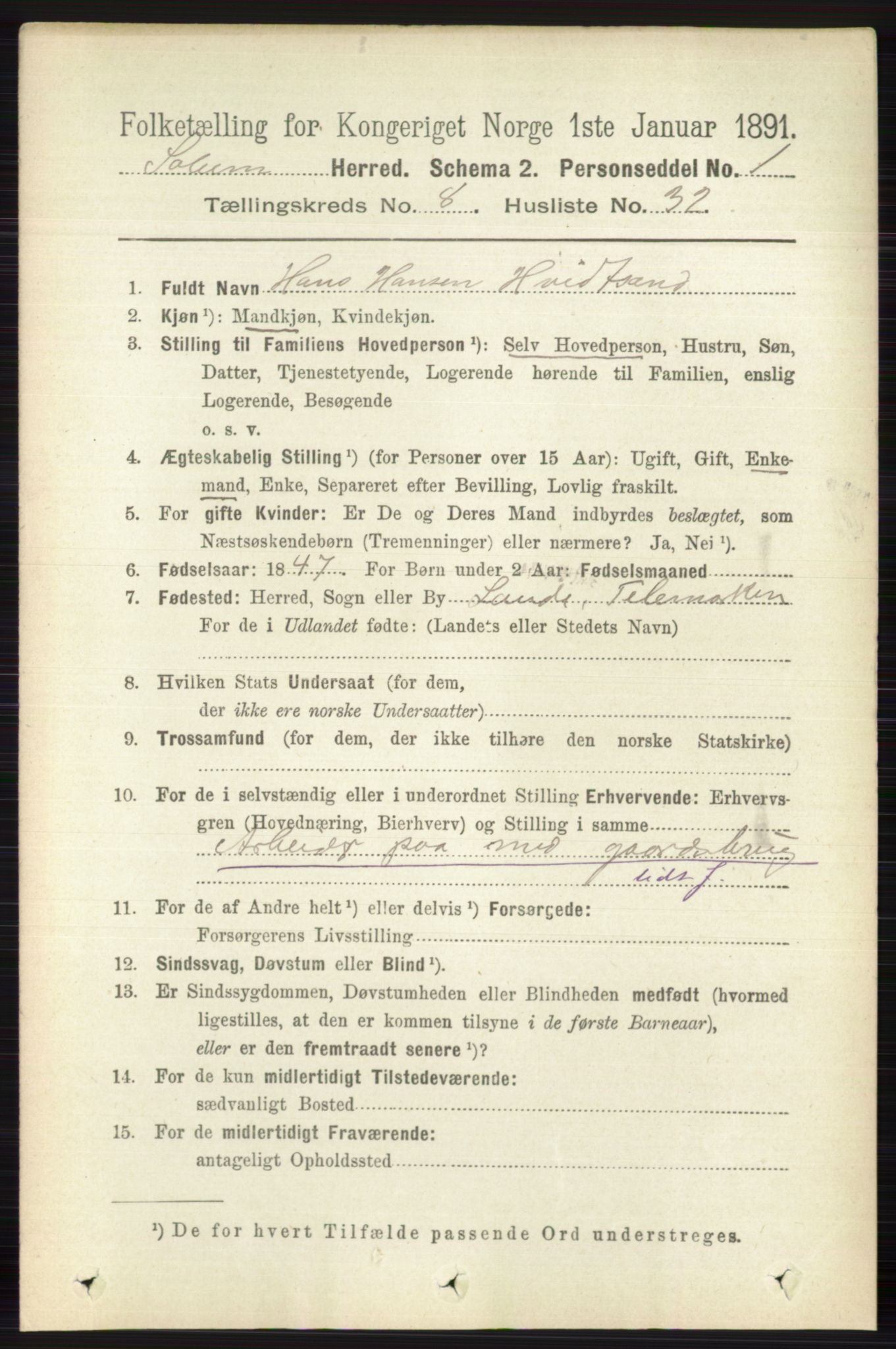 RA, 1891 census for 0818 Solum, 1891, p. 4306