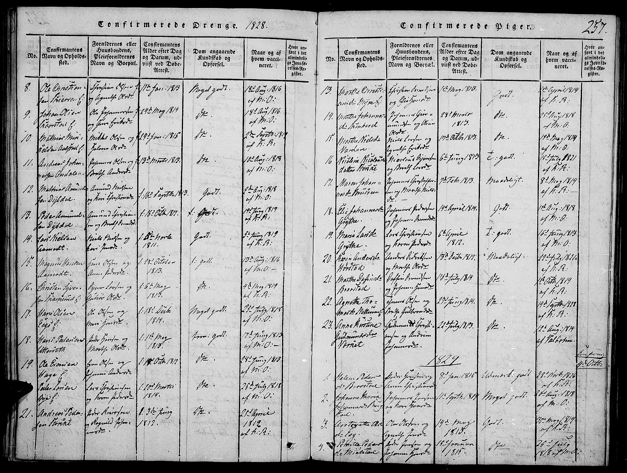 Vardal prestekontor, SAH/PREST-100/H/Ha/Haa/L0004: Parish register (official) no. 4, 1814-1831, p. 257