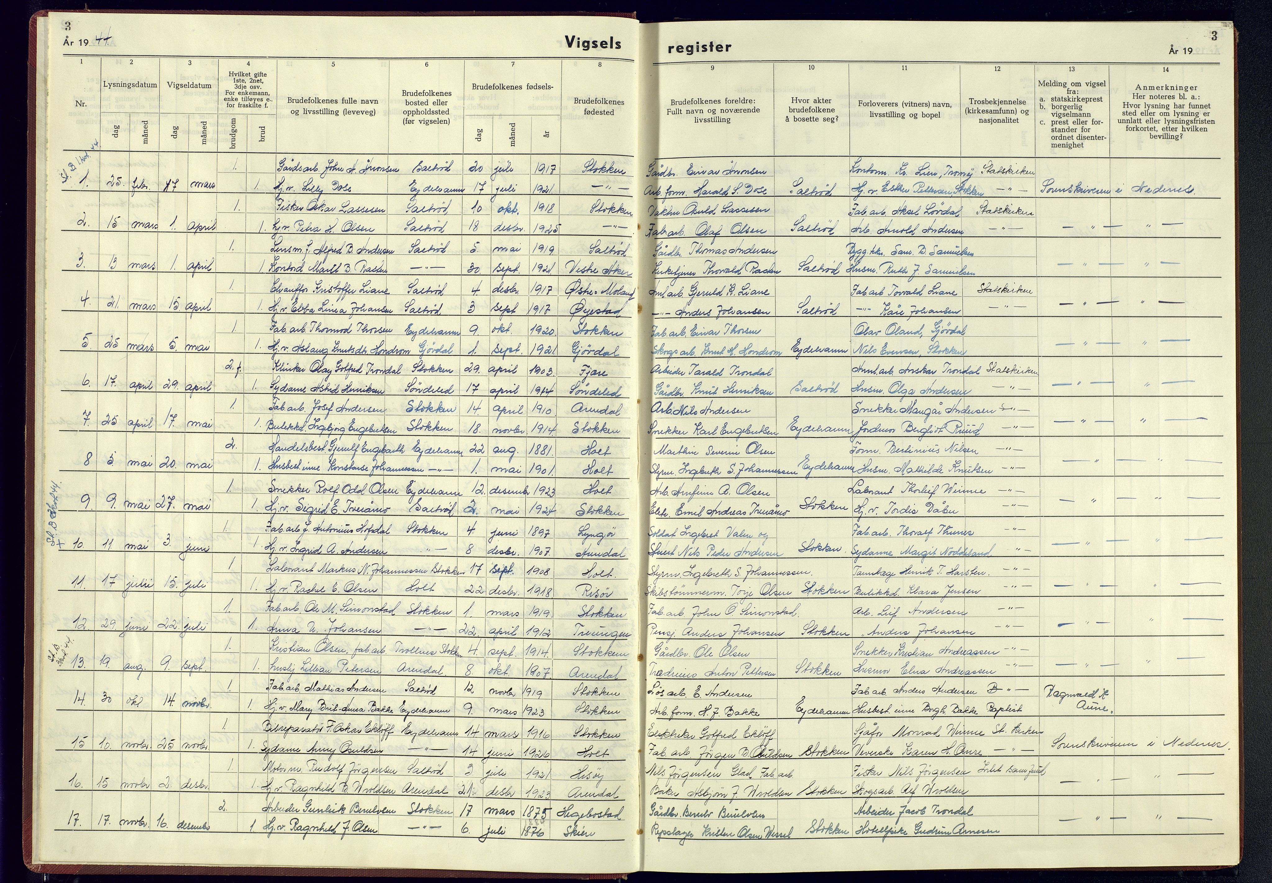 Austre Moland sokneprestkontor, SAK/1111-0001/J/Jb/L0003: Marriage register no. A-VI-19, 1942-1945, p. 3