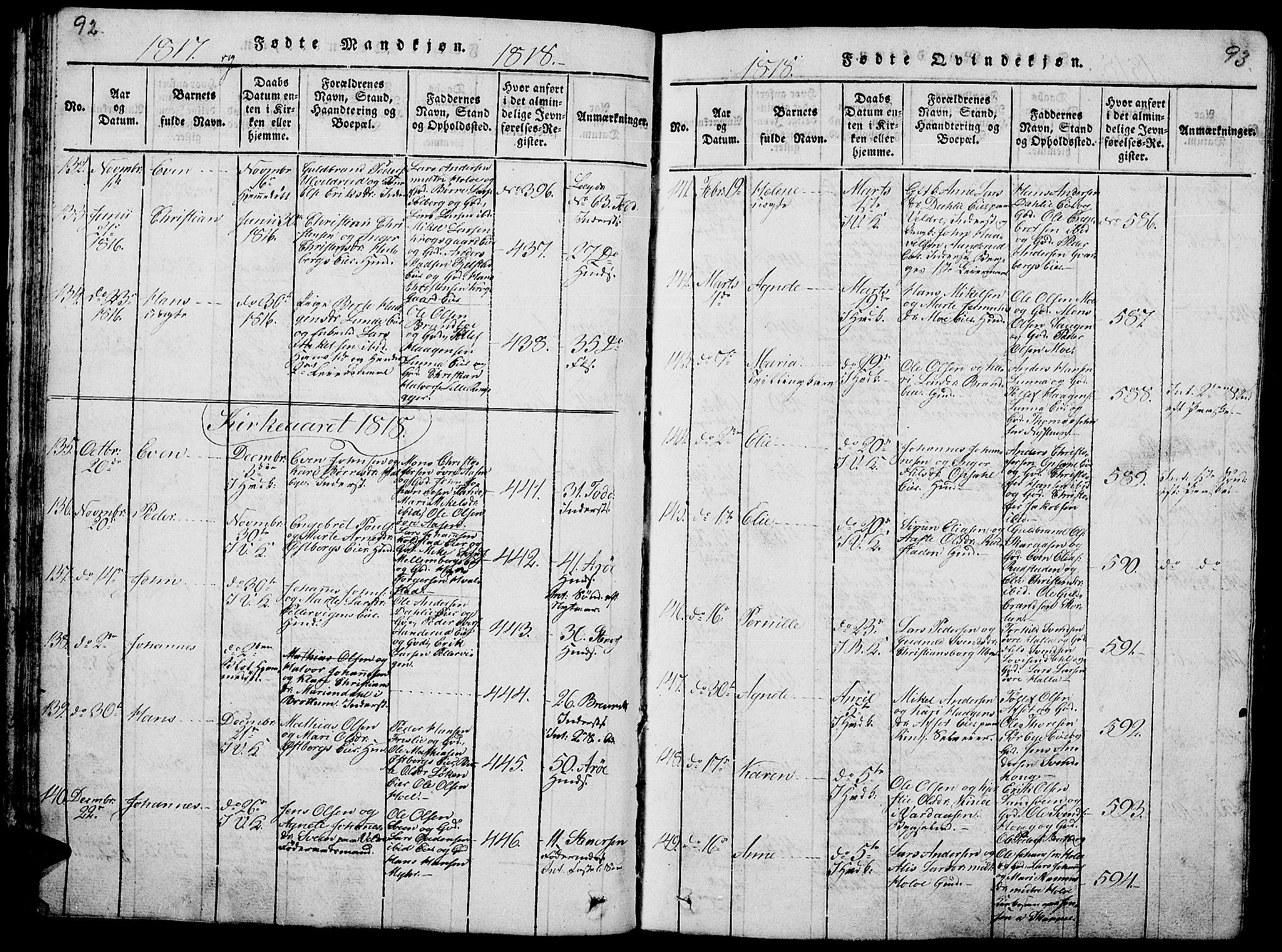 Ringsaker prestekontor, AV/SAH-PREST-014/L/La/L0001: Parish register (copy) no. 1, 1814-1826, p. 92-93