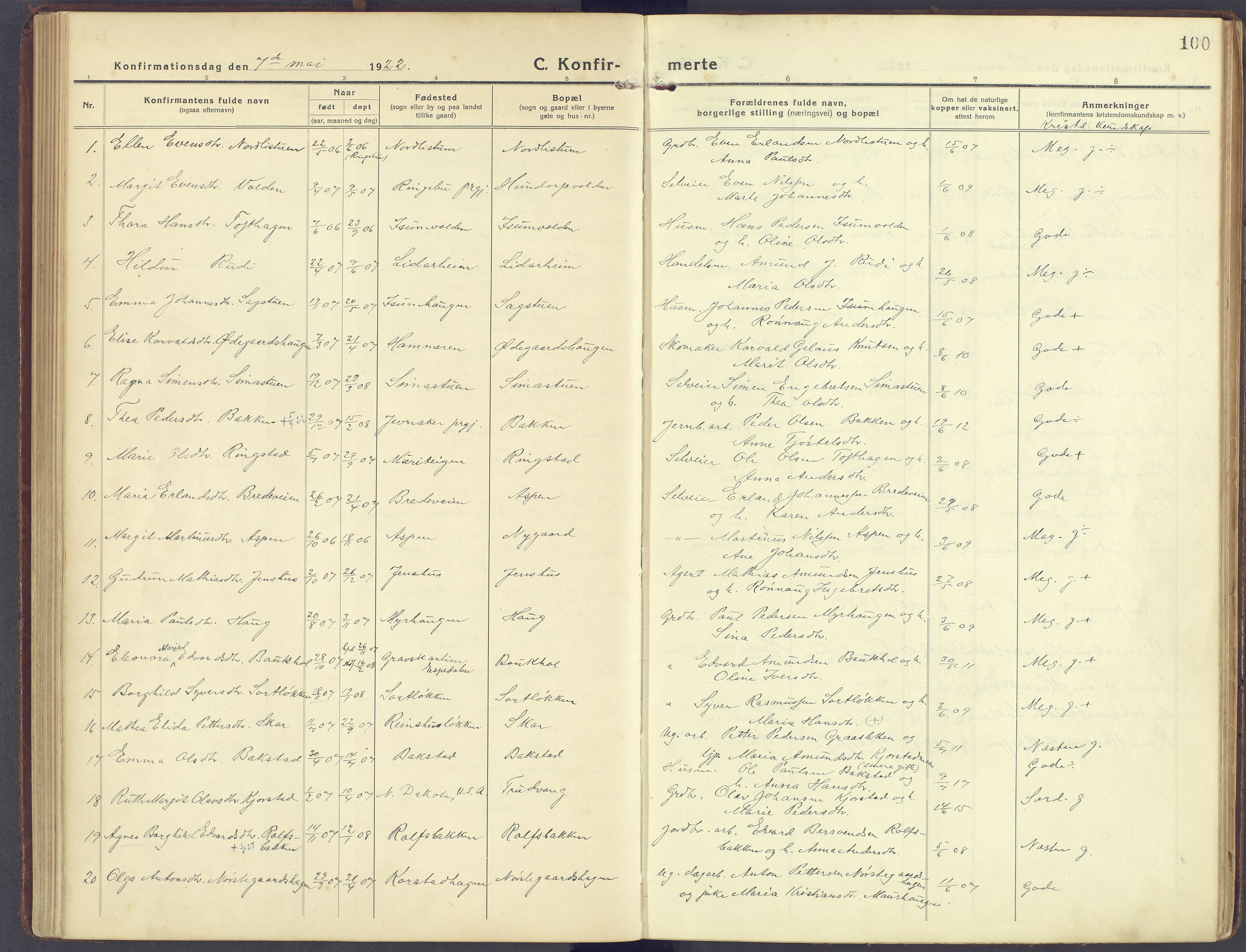 Sør-Fron prestekontor, SAH/PREST-010/H/Ha/Haa/L0005: Parish register (official) no. 5, 1920-1933, p. 100