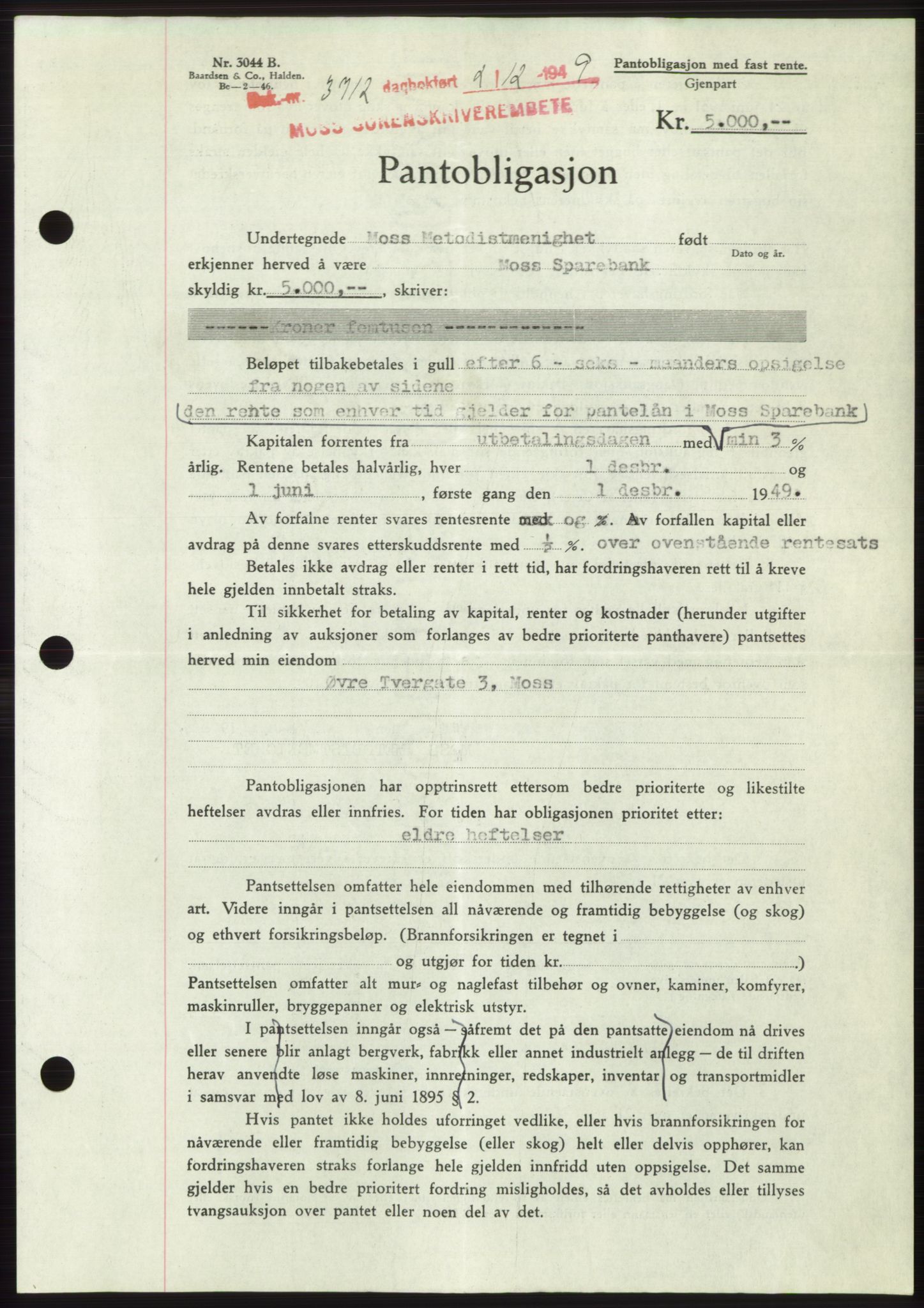 Moss sorenskriveri, SAO/A-10168: Mortgage book no. B23, 1949-1950, Diary no: : 3712/1949