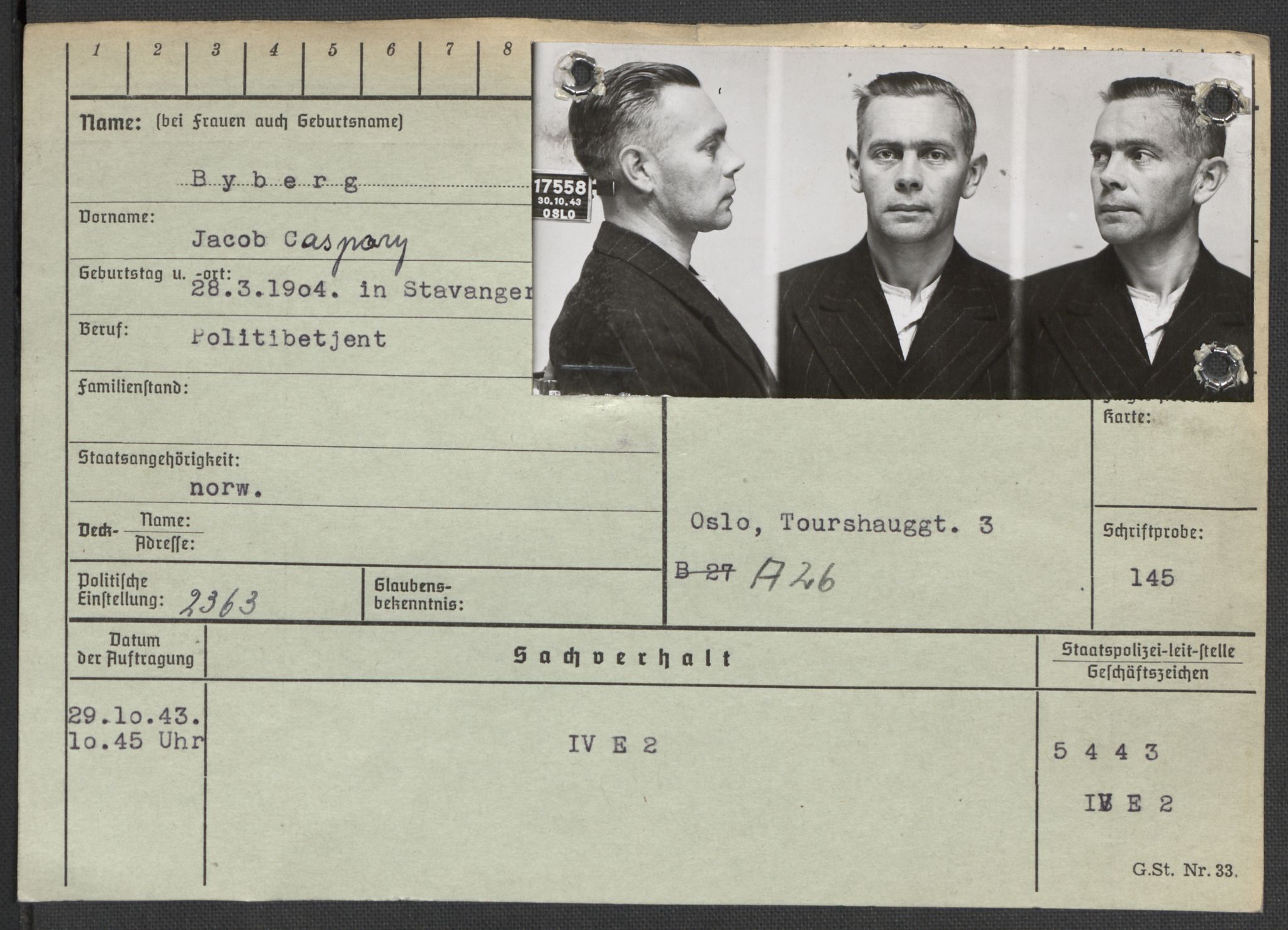Befehlshaber der Sicherheitspolizei und des SD, RA/RAFA-5969/E/Ea/Eaa/L0002: Register over norske fanger i Møllergata 19: Bj-Eng, 1940-1945, p. 537