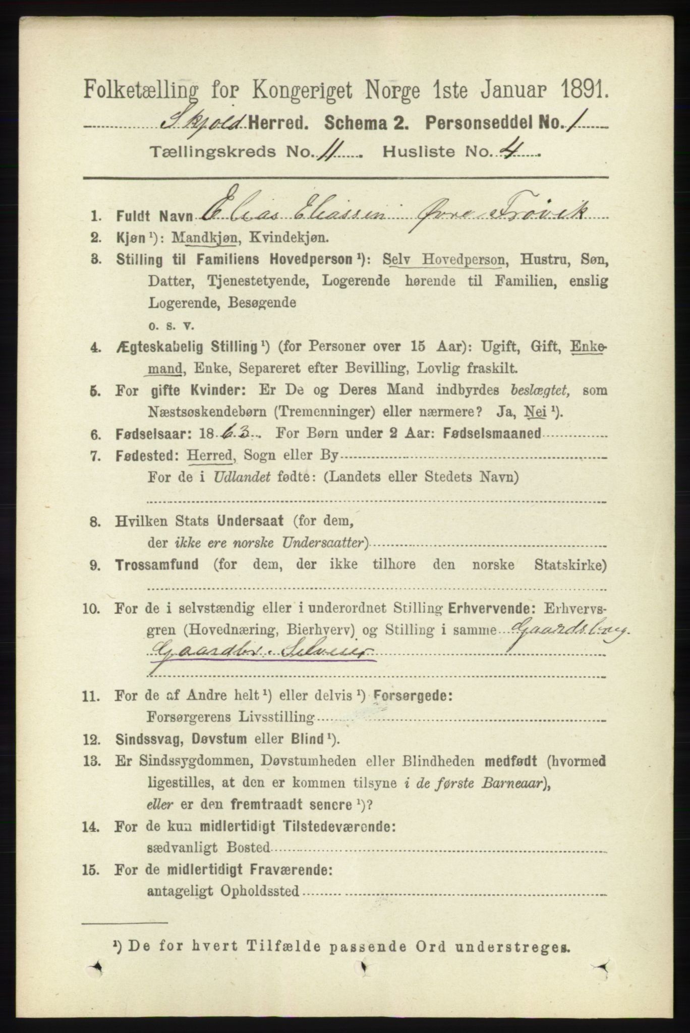 RA, 1891 census for 1154 Skjold, 1891, p. 2088