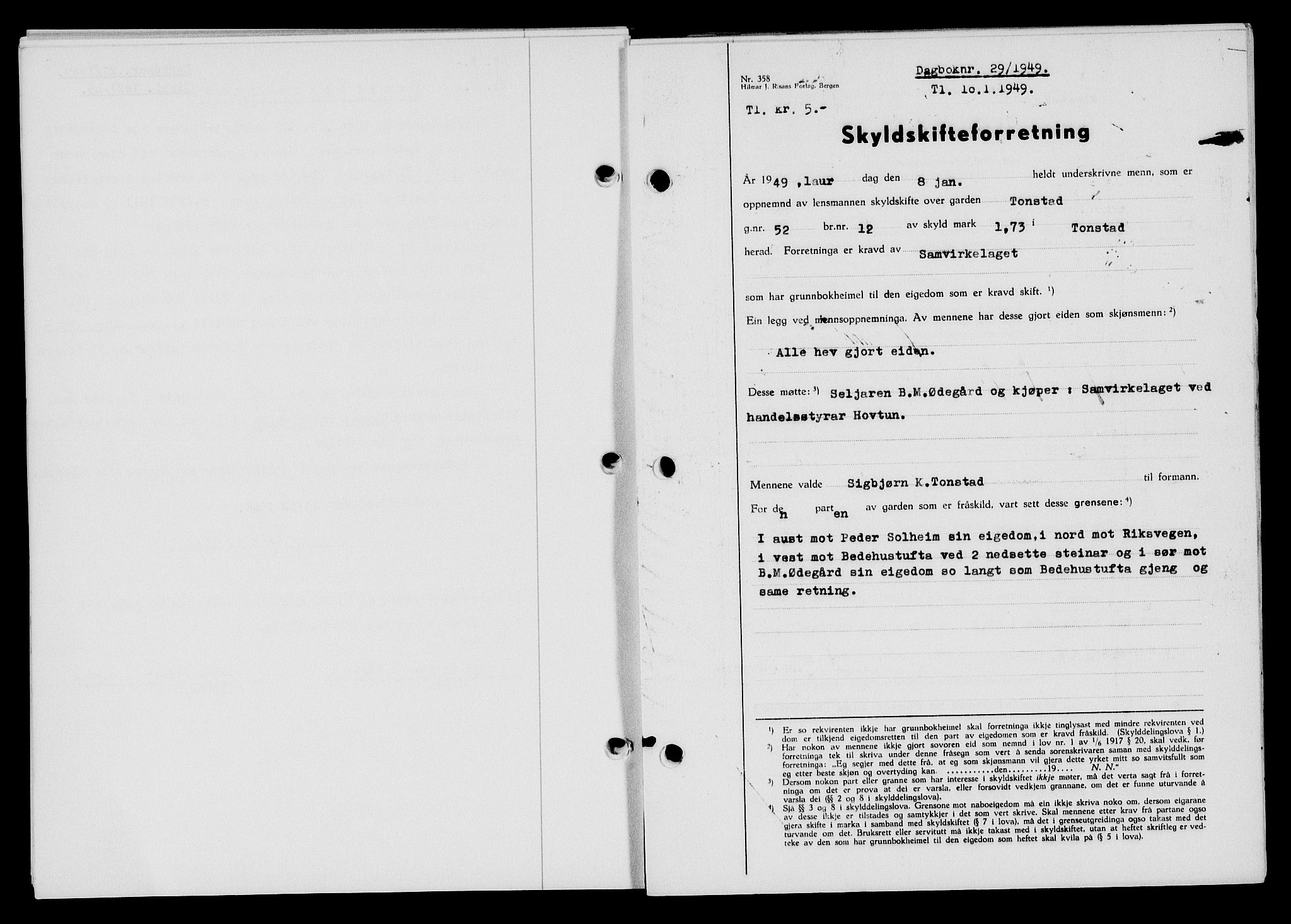 Flekkefjord sorenskriveri, SAK/1221-0001/G/Gb/Gba/L0064: Mortgage book no. A-12, 1948-1949, Diary no: : 29/1949