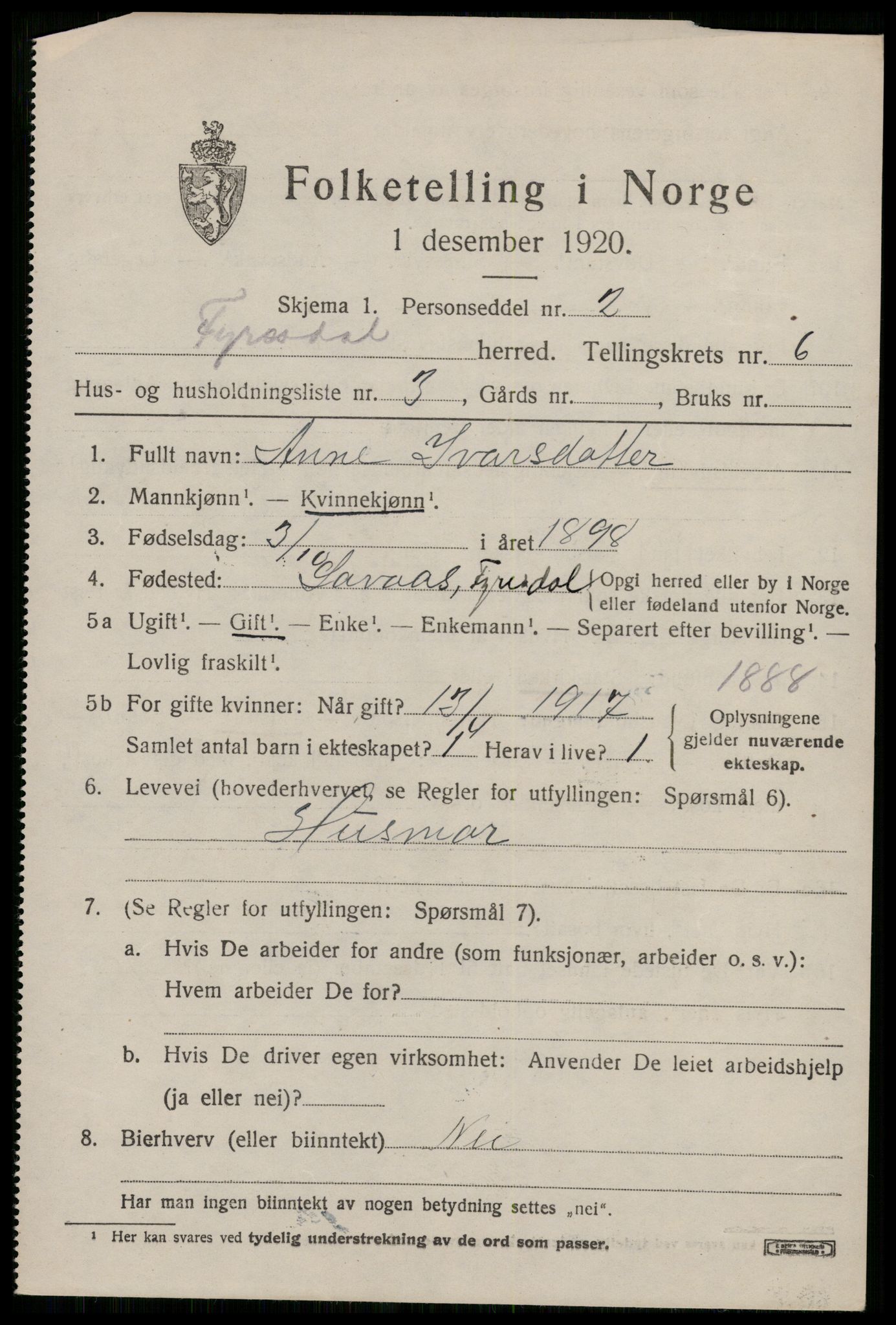 SAKO, 1920 census for Fyresdal, 1920, p. 2315