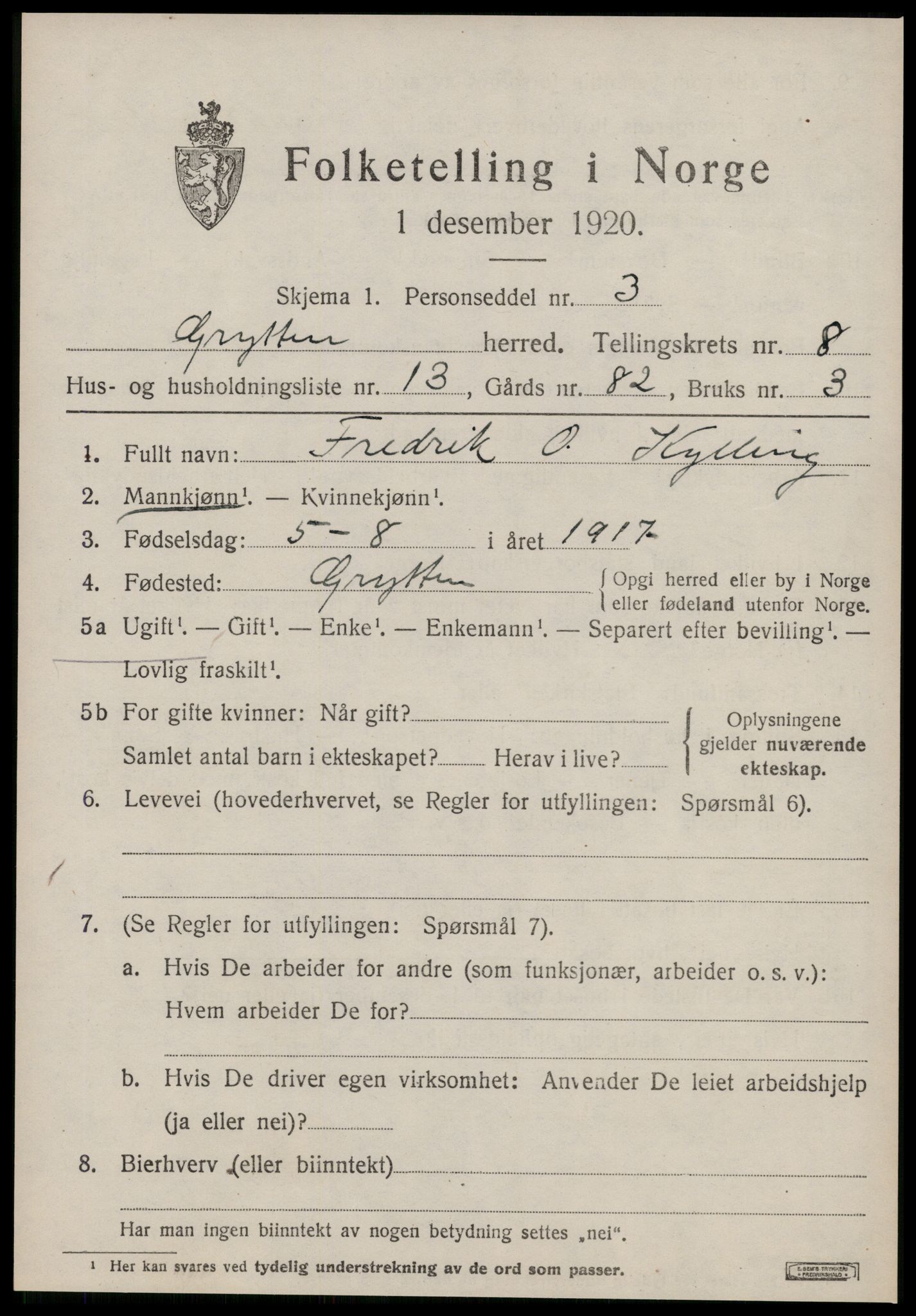 SAT, 1920 census for Grytten, 1920, p. 6124