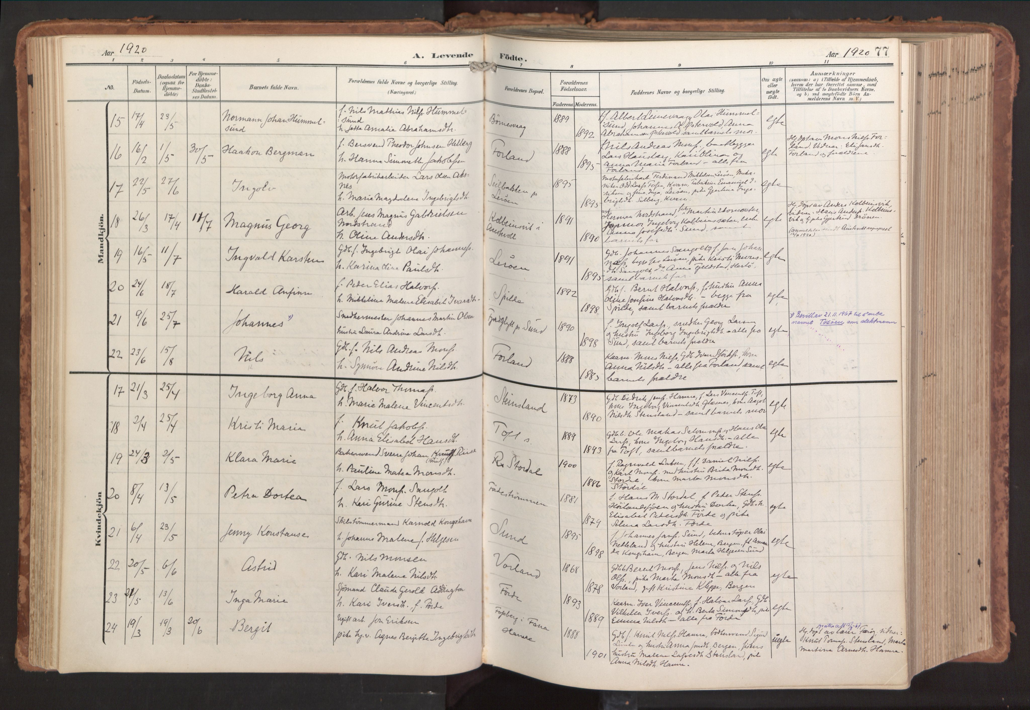 Sund sokneprestembete, AV/SAB-A-99930: Parish register (official) no. B 2, 1907-1926, p. 77