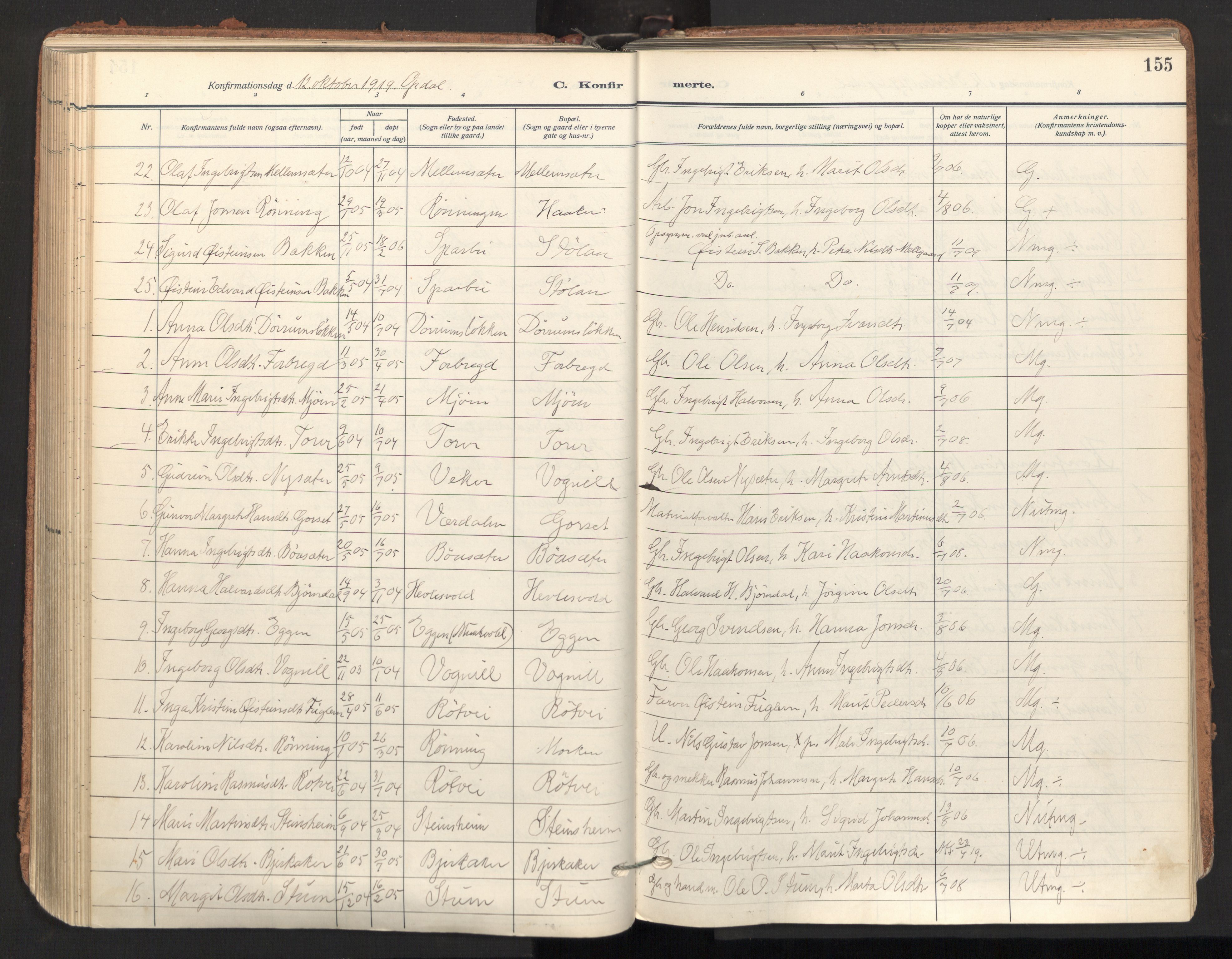 Ministerialprotokoller, klokkerbøker og fødselsregistre - Sør-Trøndelag, AV/SAT-A-1456/678/L0909: Parish register (official) no. 678A17, 1912-1930, p. 155