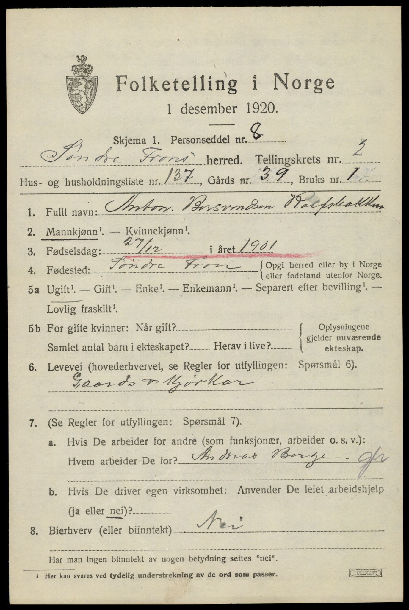 SAH, 1920 census for Sør-Fron, 1920, p. 3479