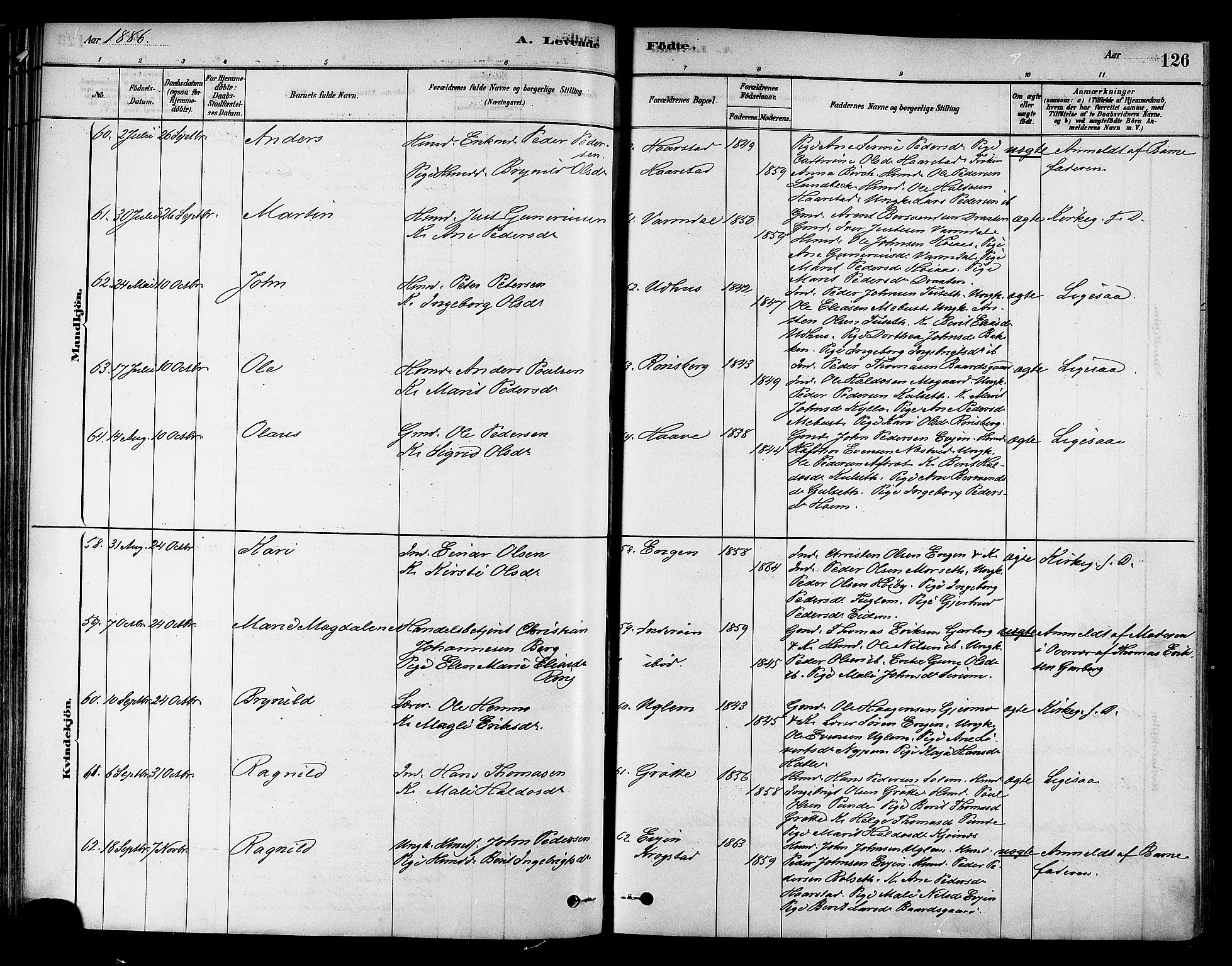 Ministerialprotokoller, klokkerbøker og fødselsregistre - Sør-Trøndelag, AV/SAT-A-1456/695/L1148: Parish register (official) no. 695A08, 1878-1891, p. 126