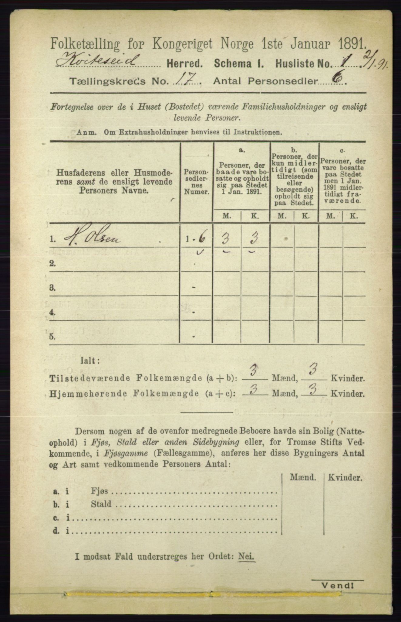 RA, 1891 census for 0829 Kviteseid, 1891, p. 3754