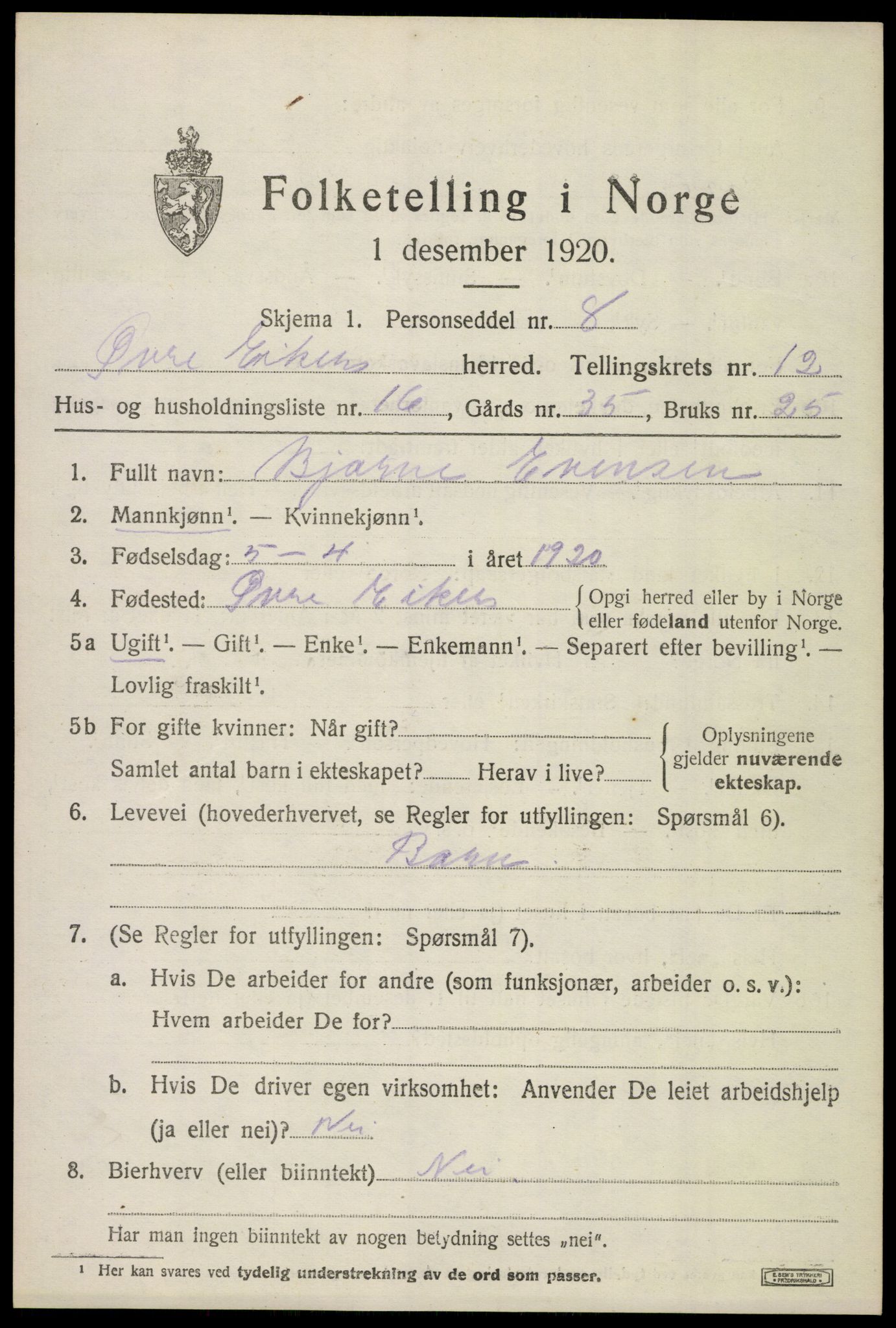 SAKO, 1920 census for Øvre Eiker, 1920, p. 18544