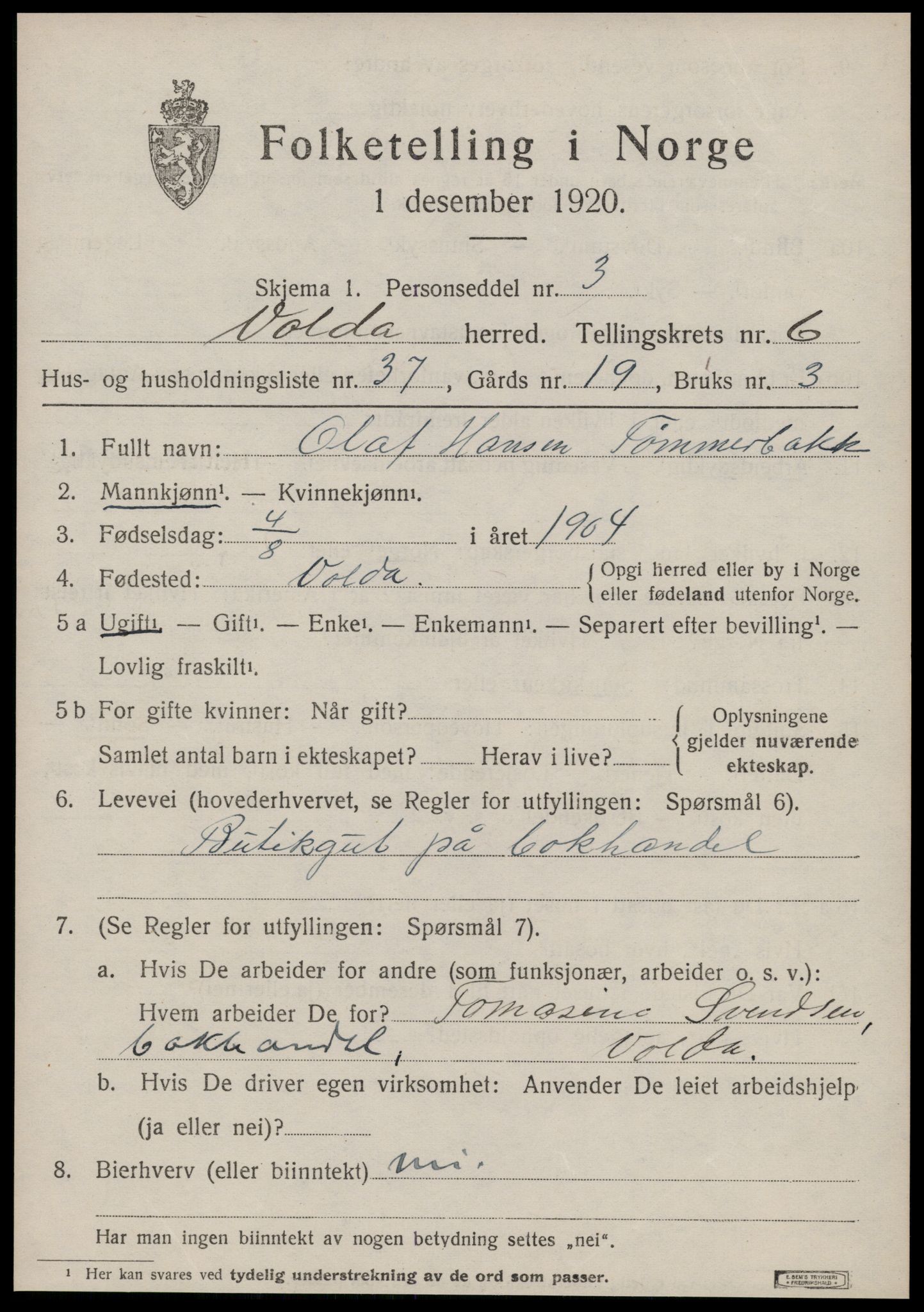 SAT, 1920 census for Volda, 1920, p. 5640