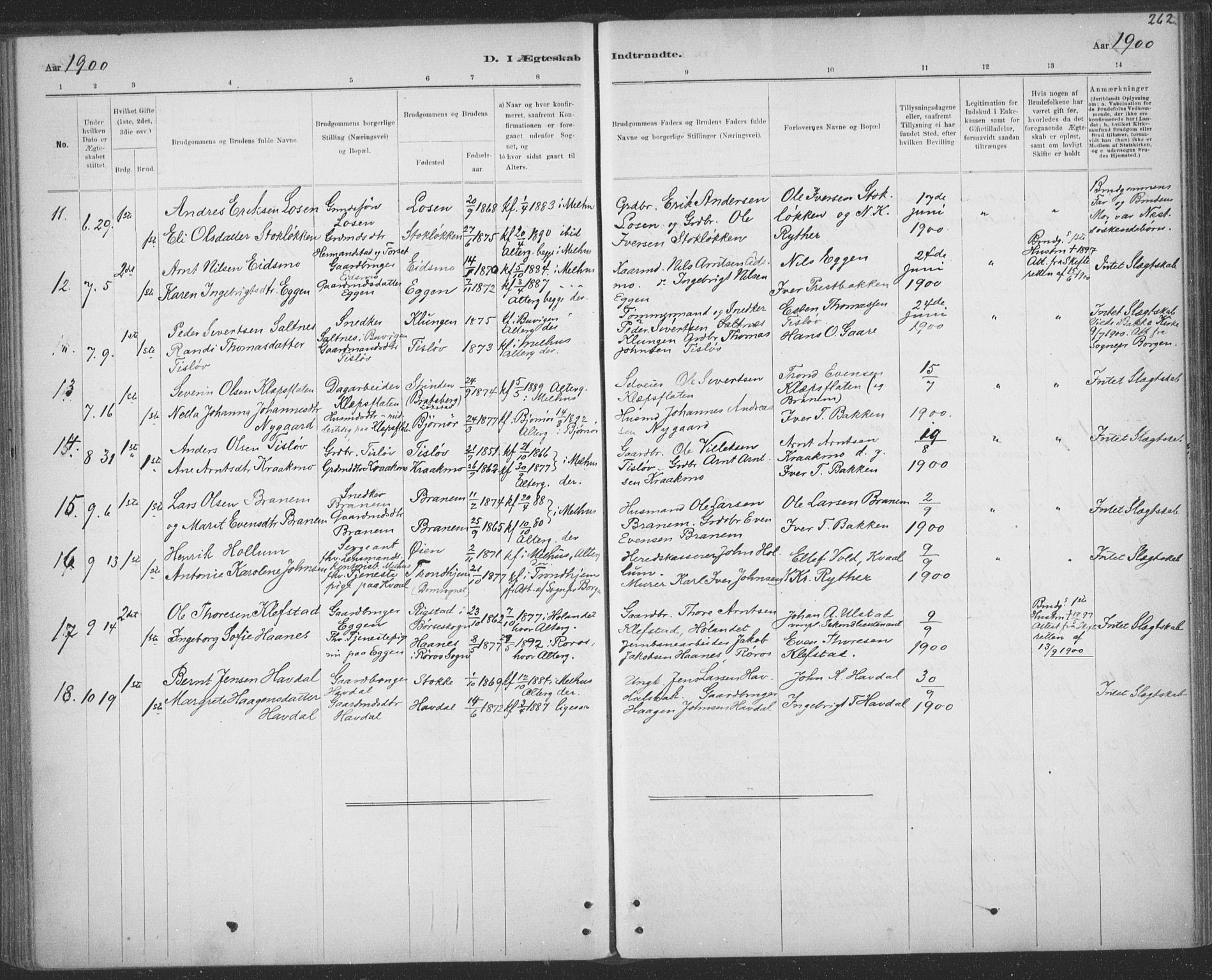 Ministerialprotokoller, klokkerbøker og fødselsregistre - Sør-Trøndelag, AV/SAT-A-1456/691/L1085: Parish register (official) no. 691A17, 1887-1908, p. 262