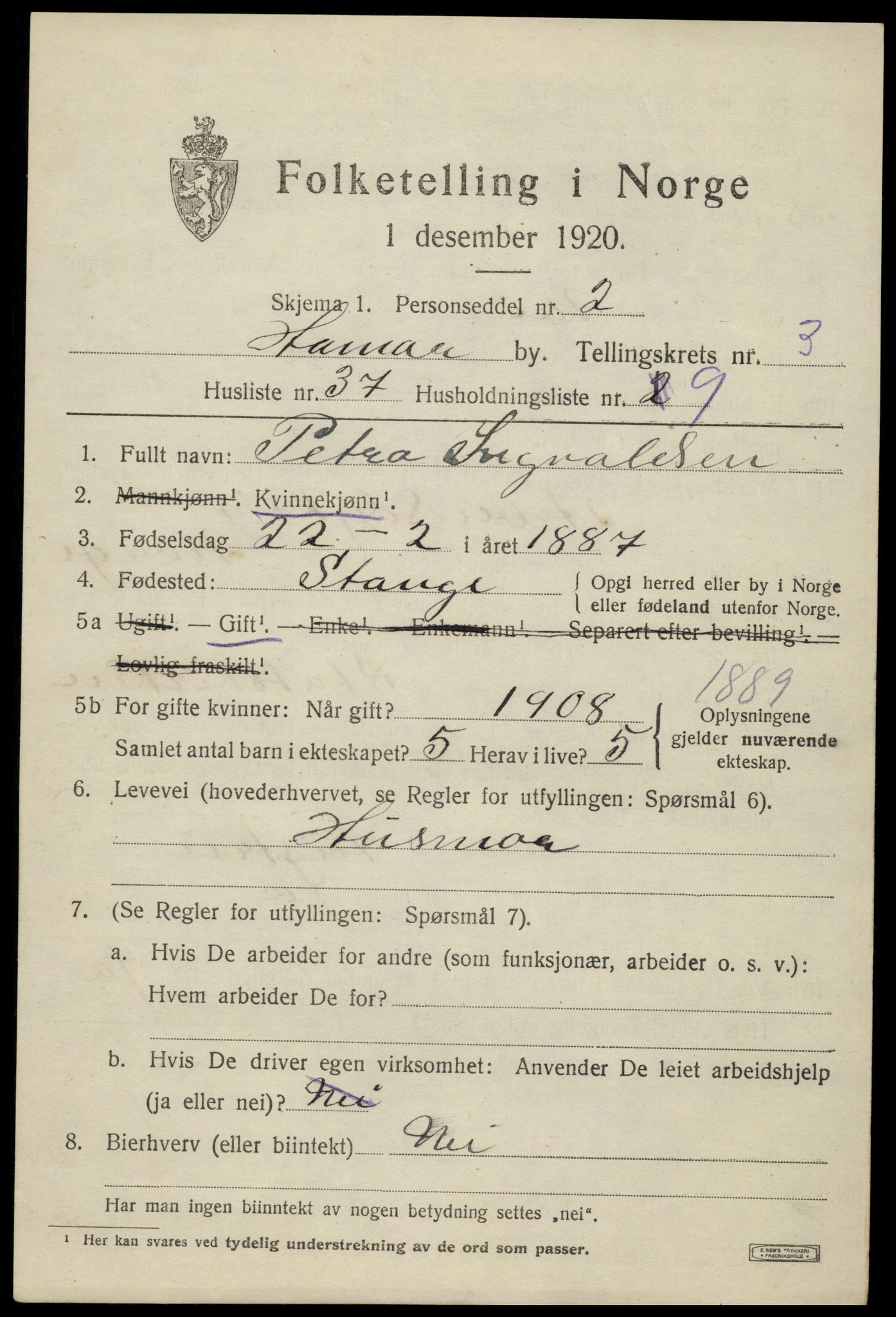 SAH, 1920 census for Hamar, 1920, p. 7783