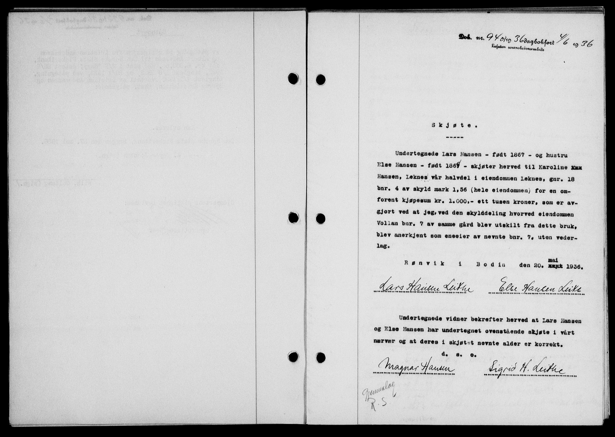 Lofoten sorenskriveri, SAT/A-0017/1/2/2C/L0033b: Mortgage book no. 33b, 1936-1936, Diary no: : 940/1936