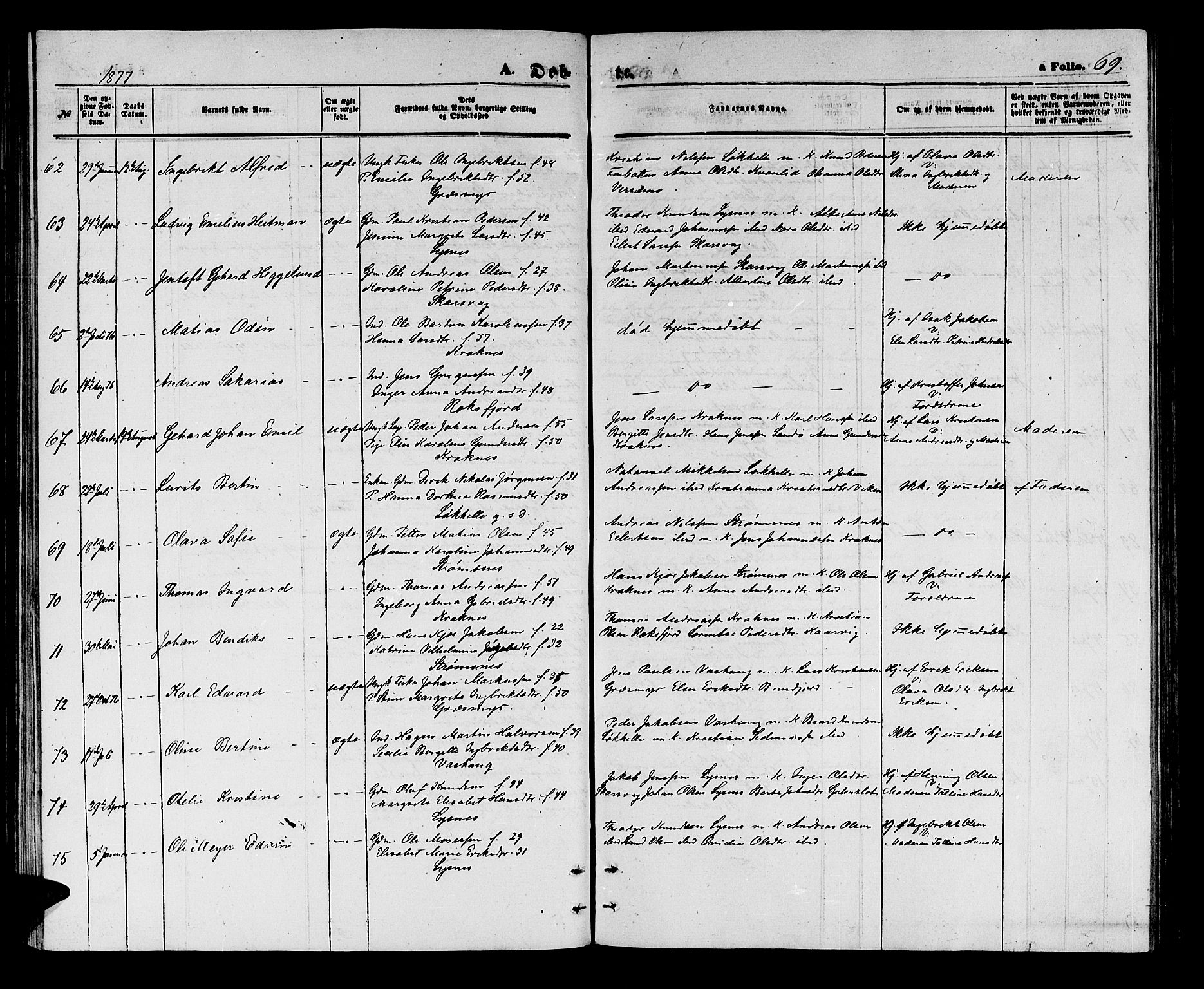 Lenvik sokneprestembete, AV/SATØ-S-1310/H/Ha/Hab/L0005klokker: Parish register (copy) no. 5, 1870-1880, p. 69