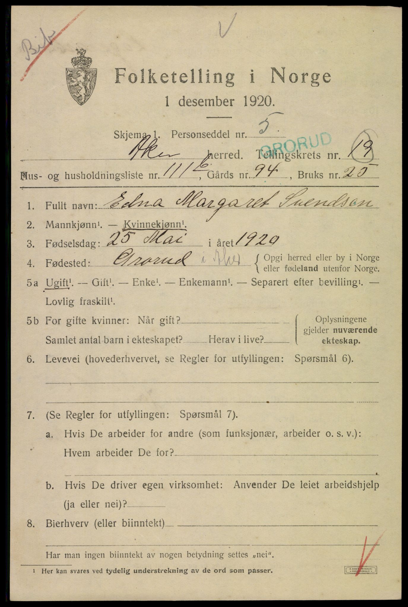 SAO, 1920 census for Aker, 1920, p. 119338