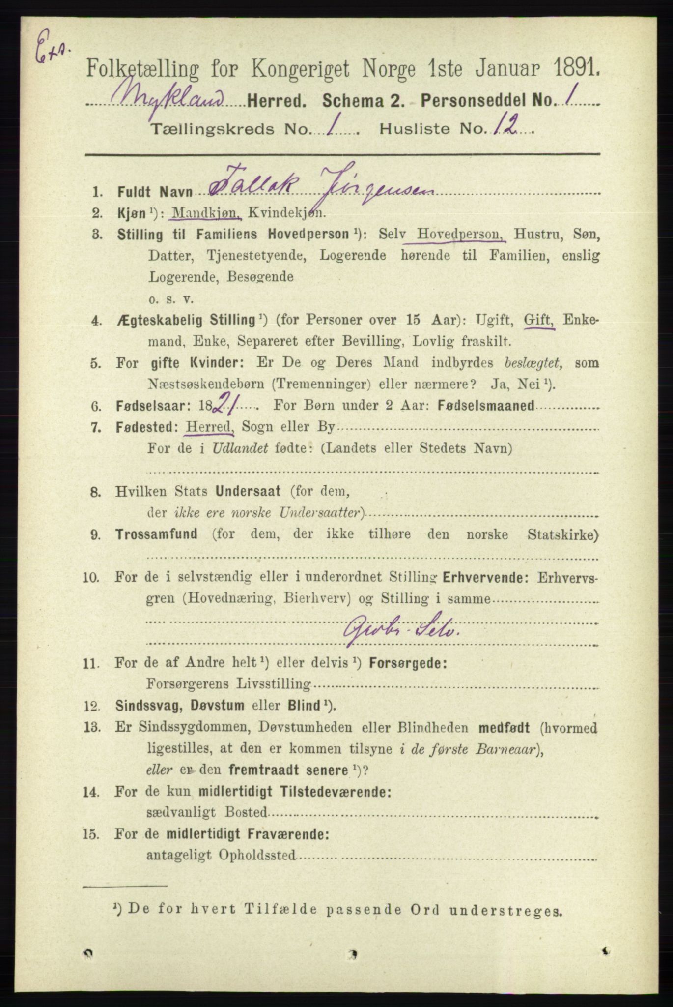 RA, Census 1891 for Nedenes amt: Gjenparter av personsedler for beslektede ektefeller, menn, 1891, p. 398