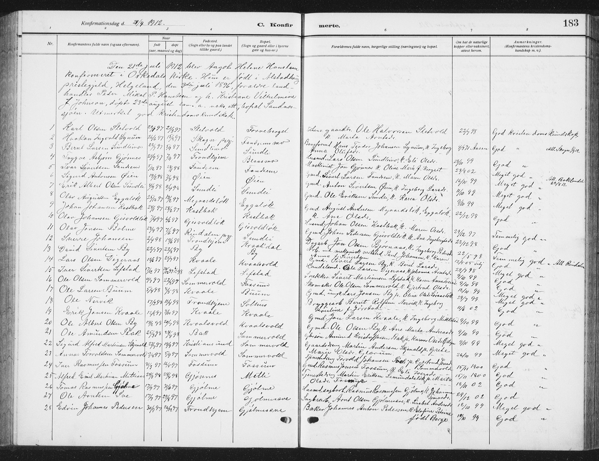 Ministerialprotokoller, klokkerbøker og fødselsregistre - Sør-Trøndelag, SAT/A-1456/668/L0820: Parish register (copy) no. 668C09, 1912-1936, p. 183