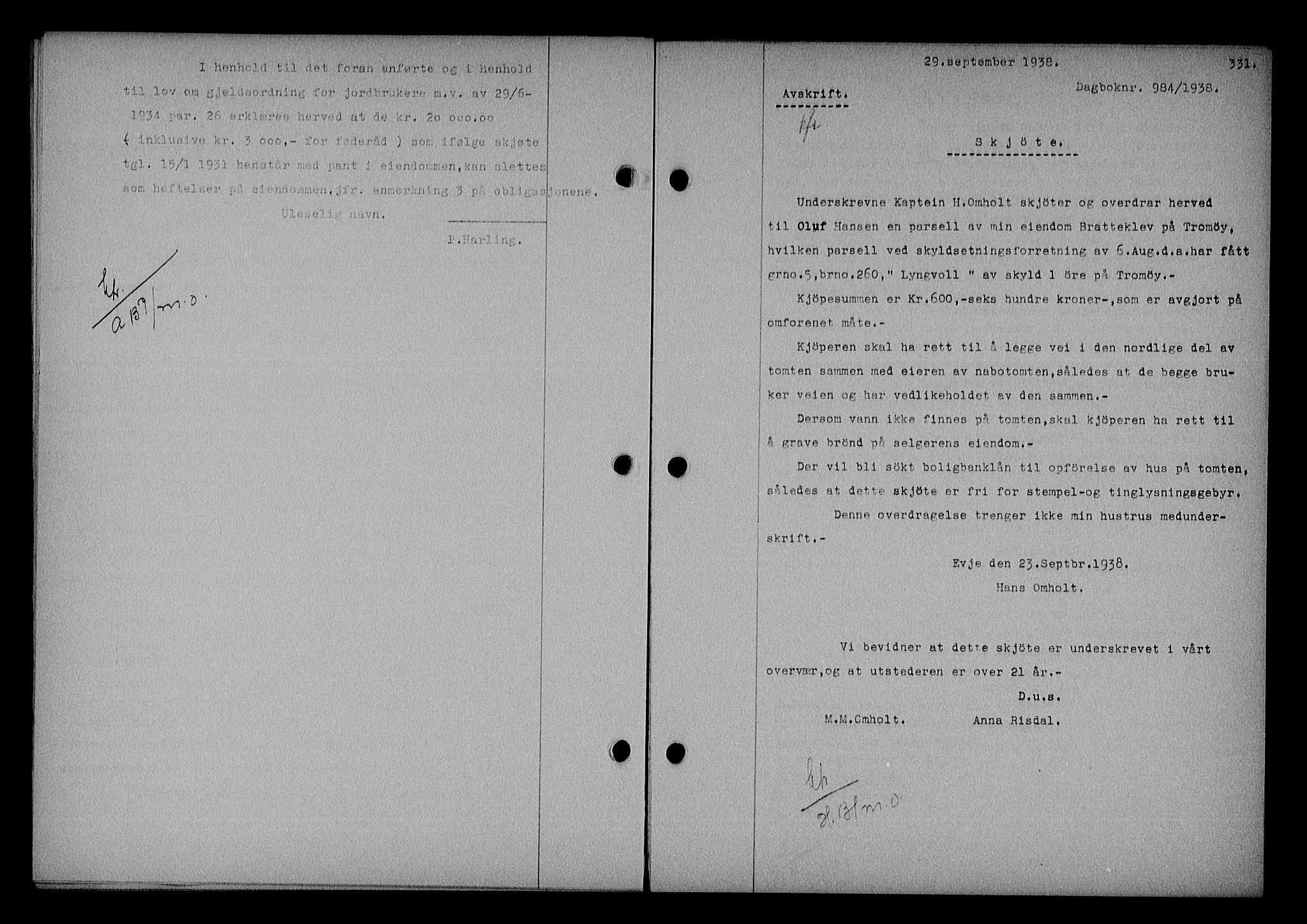 Nedenes sorenskriveri, SAK/1221-0006/G/Gb/Gba/L0045: Mortgage book no. 41, 1938-1938, Diary no: : 984/1938