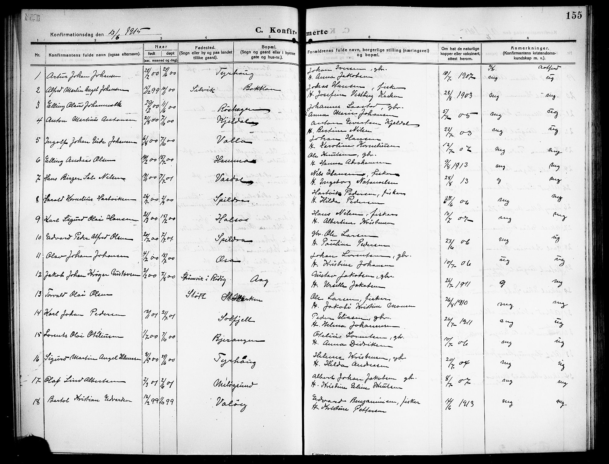 Ministerialprotokoller, klokkerbøker og fødselsregistre - Nordland, AV/SAT-A-1459/843/L0639: Parish register (copy) no. 843C08, 1908-1924, p. 155