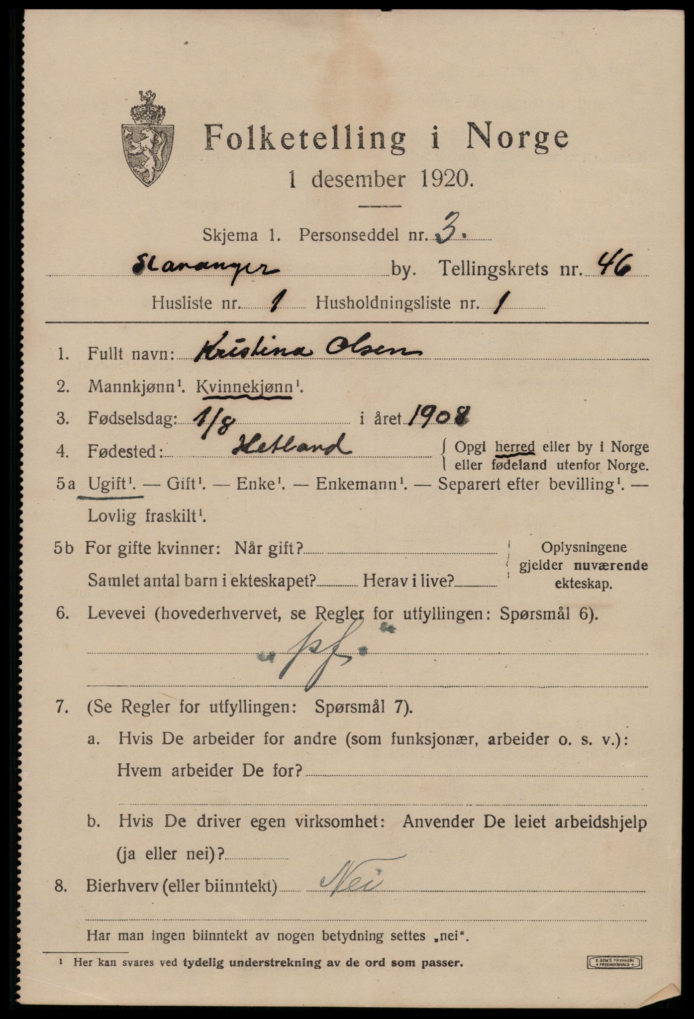 SAST, 1920 census for Stavanger, 1920, p. 112300