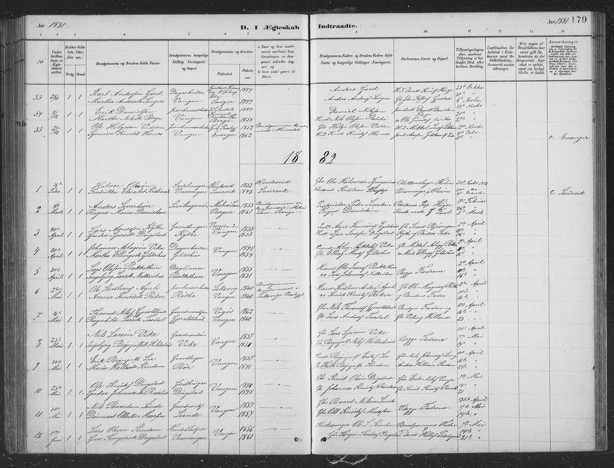 Voss sokneprestembete, SAB/A-79001/H/Hab: Parish register (copy) no. B 3, 1879-1894, p. 179