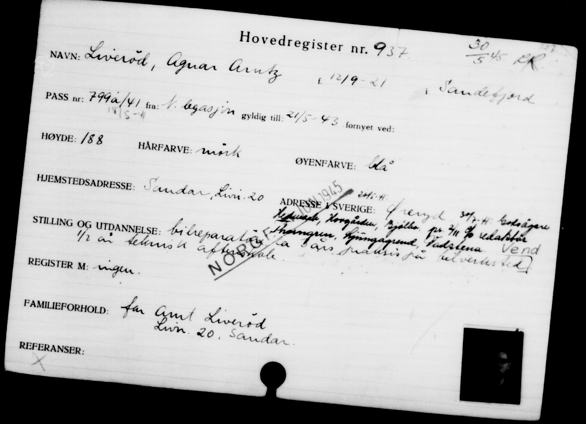 Utenriksstasjonene, Legasjonen i Stockholm, Flyktningkontoret, AV/RA-S-6753/V/Va/L0001: Kjesäterkartoteket, flyktninger med registreringsnr. 1-1000, 1940-1945, p. 1463