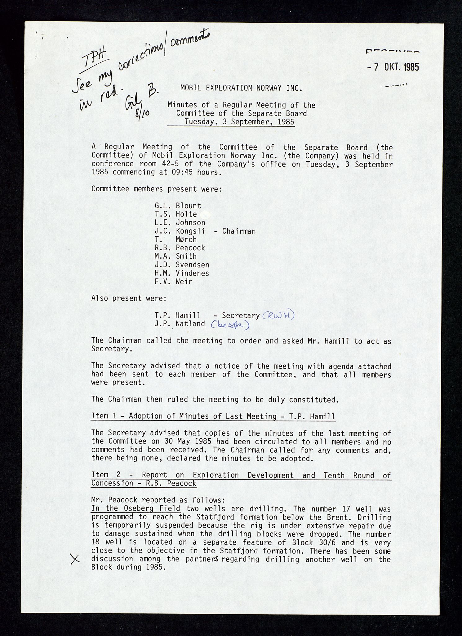 Pa 1578 - Mobil Exploration Norway Incorporated, AV/SAST-A-102024/4/D/Da/L0168: Sak og korrespondanse og styremøter, 1973-1986, p. 216