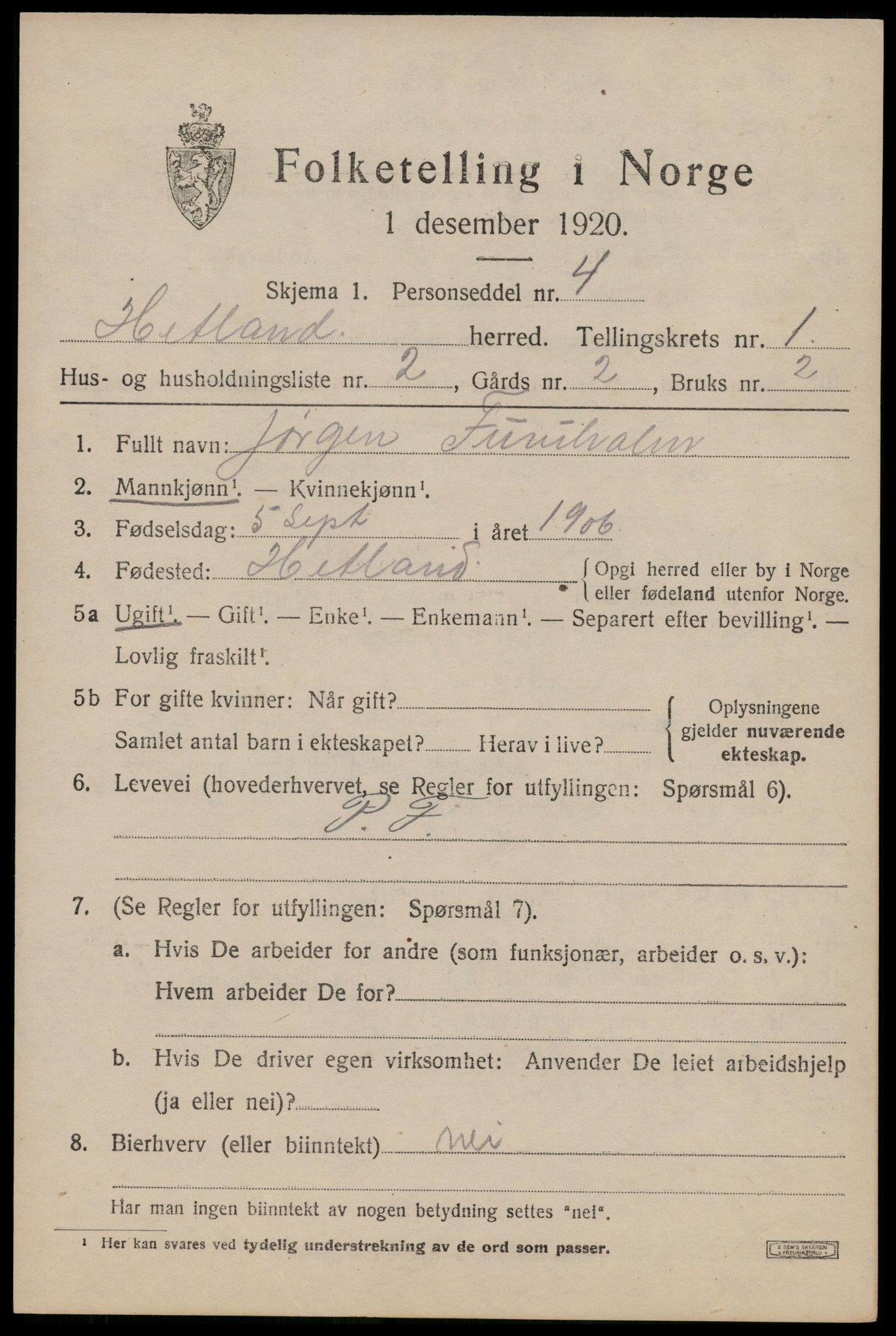 SAST, 1920 census for Hetland, 1920, p. 3581