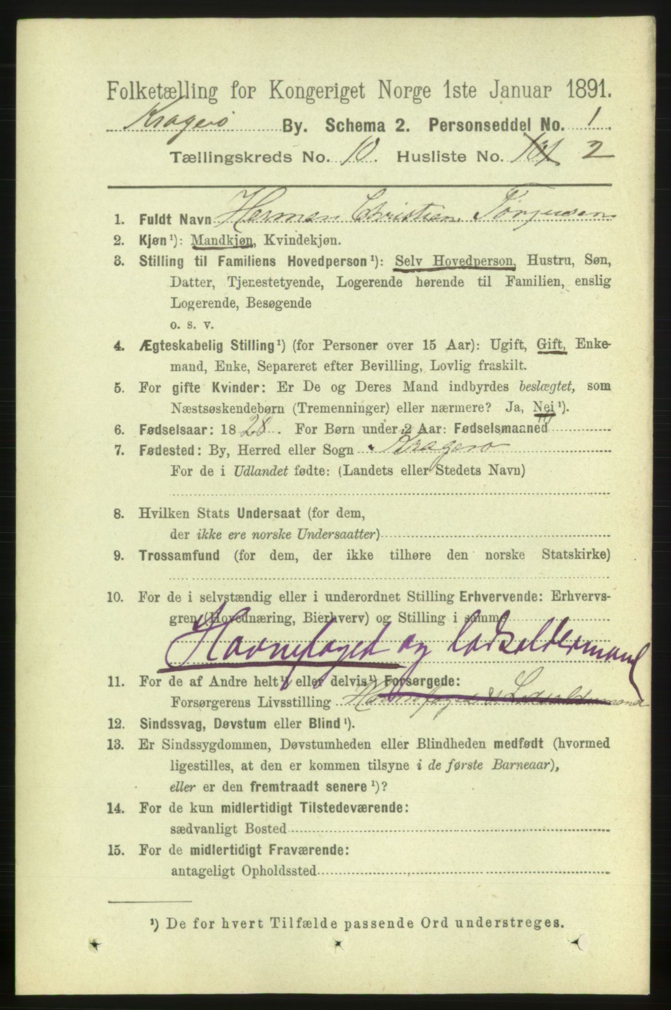 RA, 1891 census for 0801 Kragerø, 1891, p. 3764