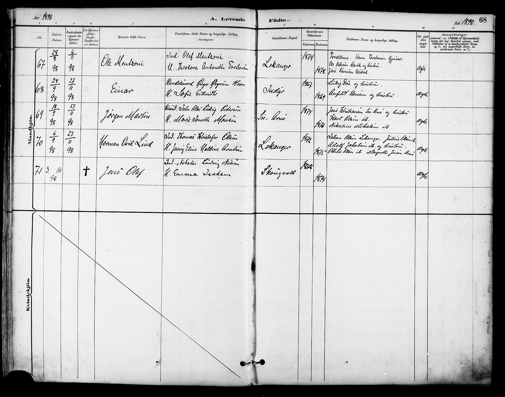 Ministerialprotokoller, klokkerbøker og fødselsregistre - Nordland, SAT/A-1459/805/L0101: Parish register (official) no. 805A07, 1892-1899, p. 68