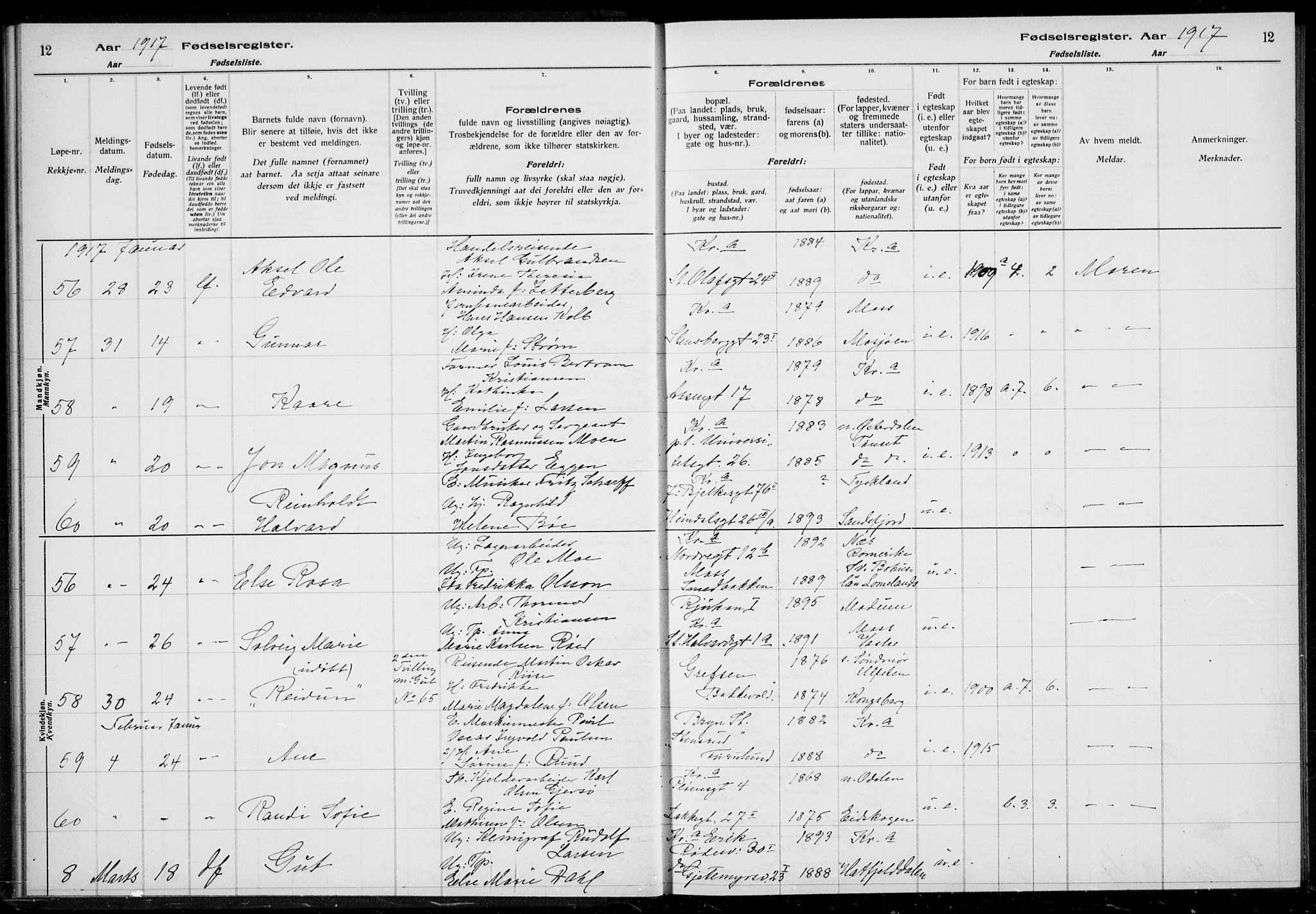 Rikshospitalet prestekontor Kirkebøker, AV/SAO-A-10309b/J/L0002: Birth register no. 2, 1917-1917, p. 12