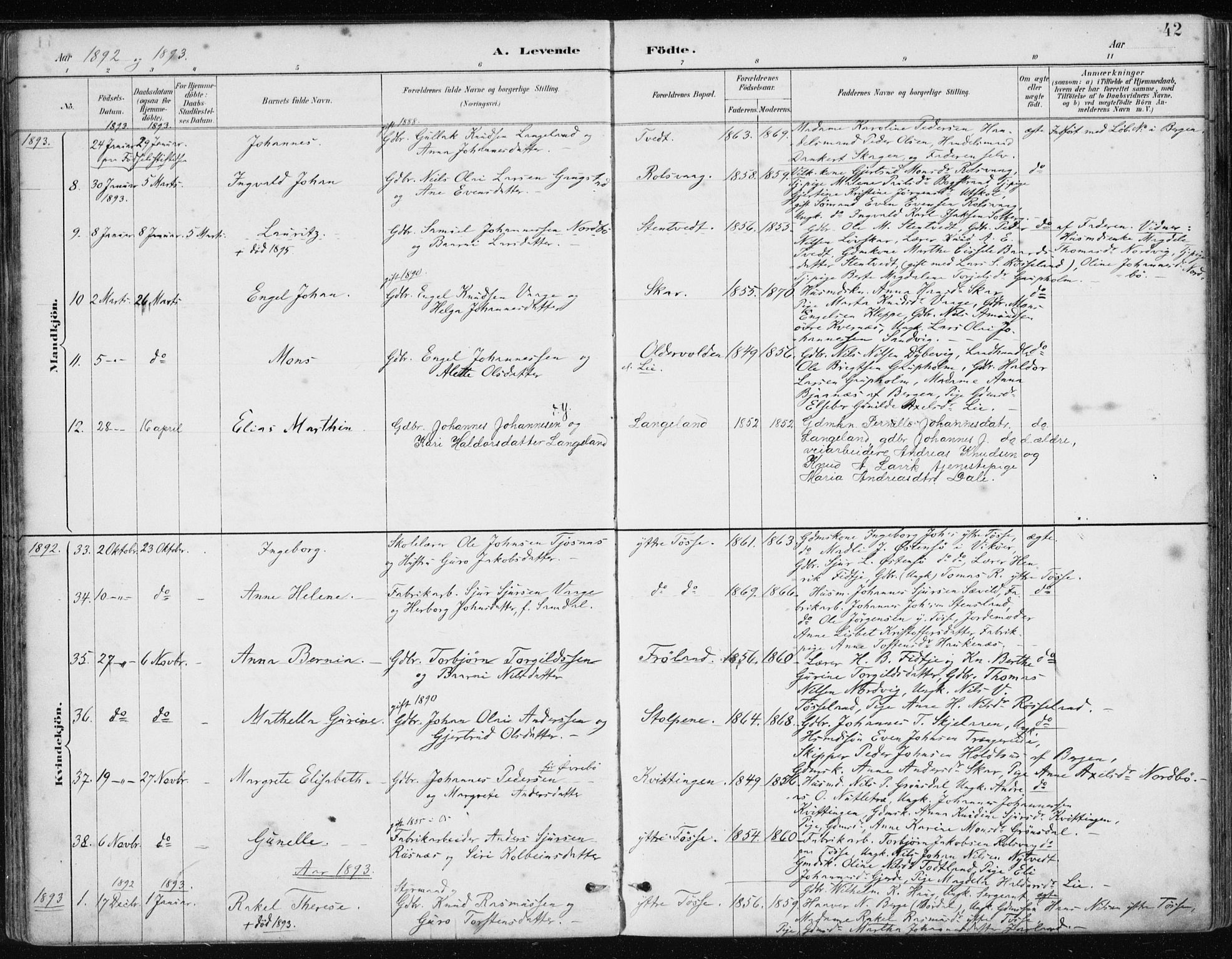 Samnanger Sokneprestembete, AV/SAB-A-77501/H/Haa: Parish register (official) no. A 1, 1885-1901, p. 42