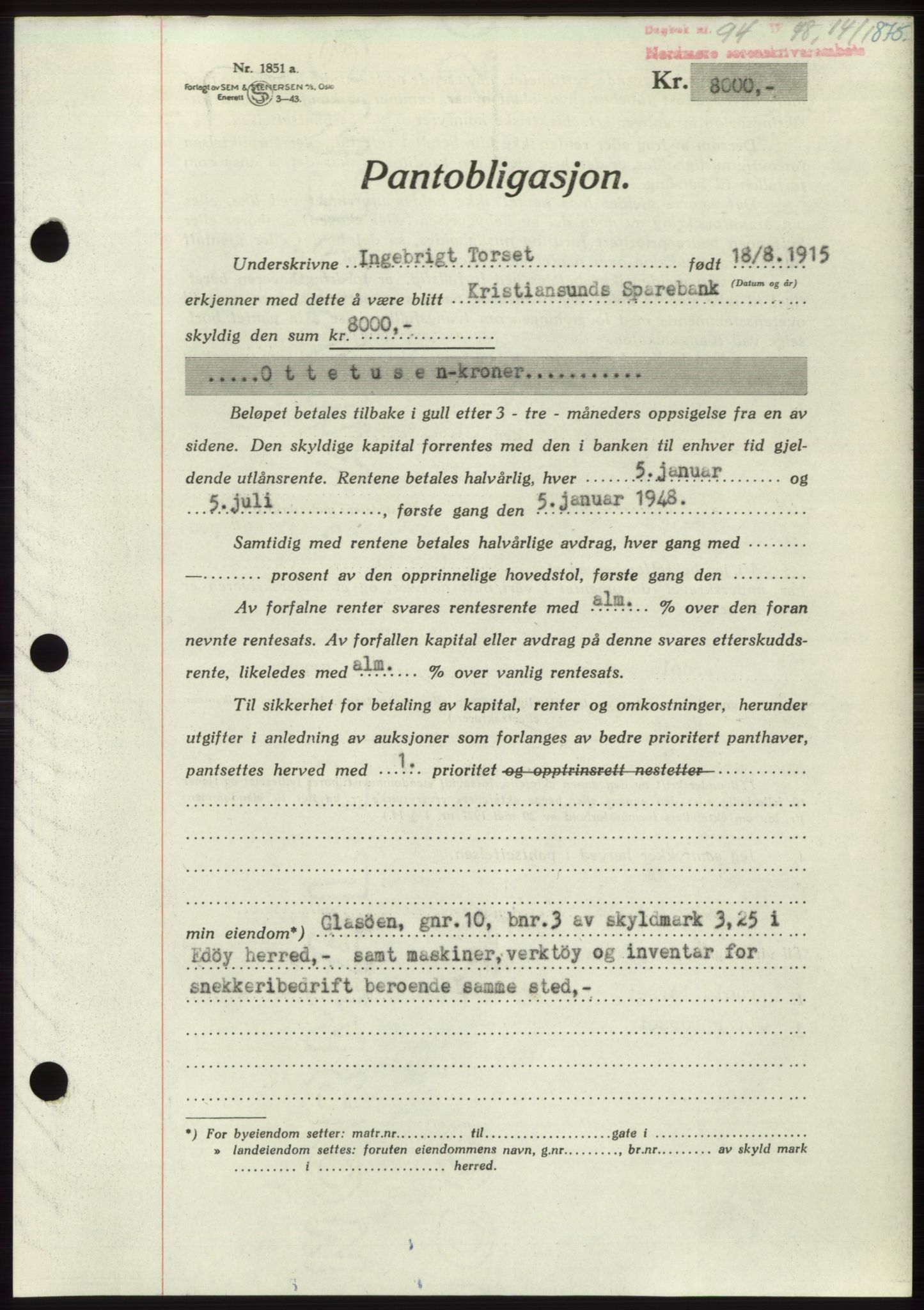 Nordmøre sorenskriveri, AV/SAT-A-4132/1/2/2Ca: Mortgage book no. B97, 1947-1948, Diary no: : 94/1948